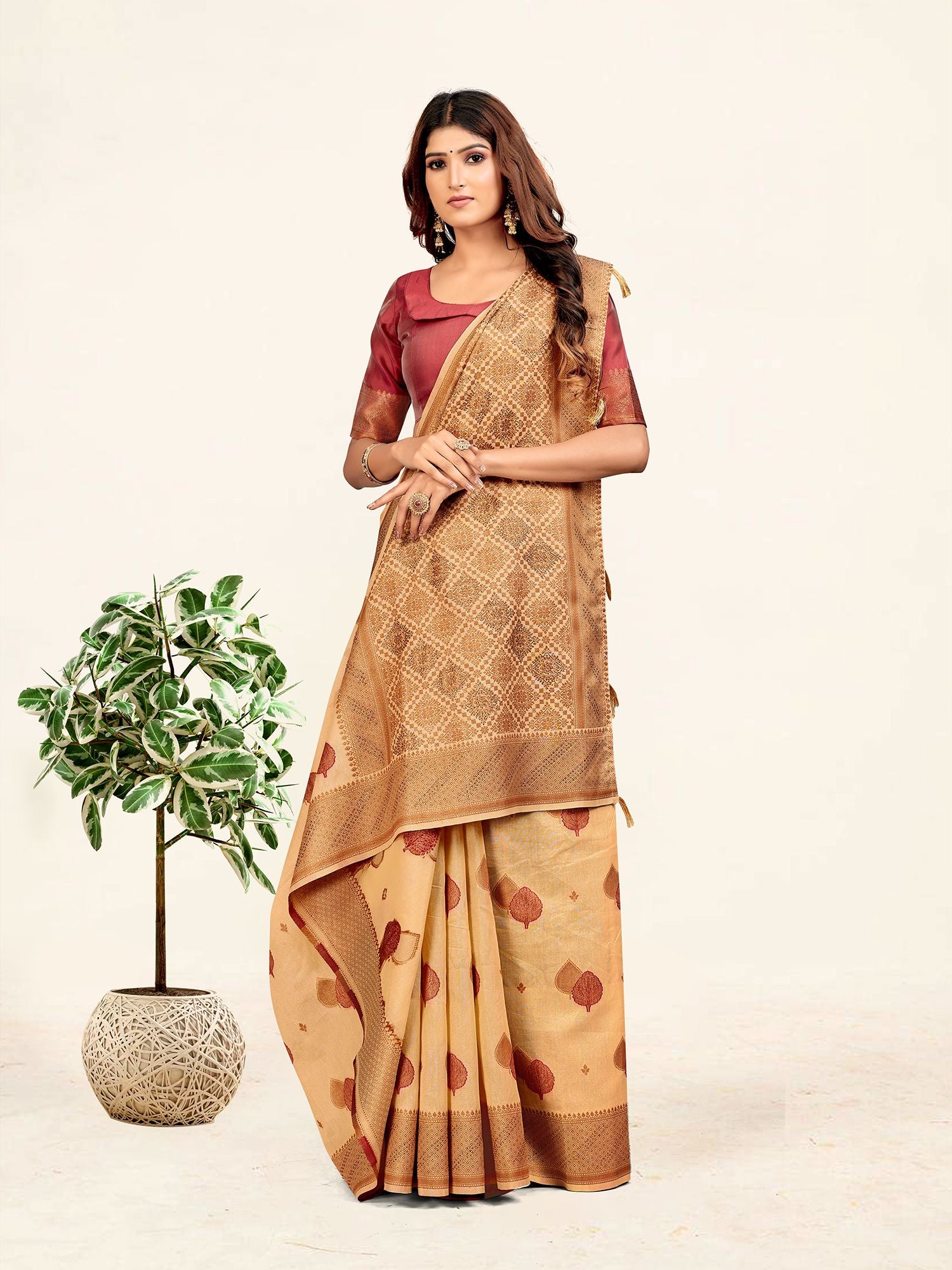Women's Beige Color Stylish Saree With Blouse Set - Sweet Smile