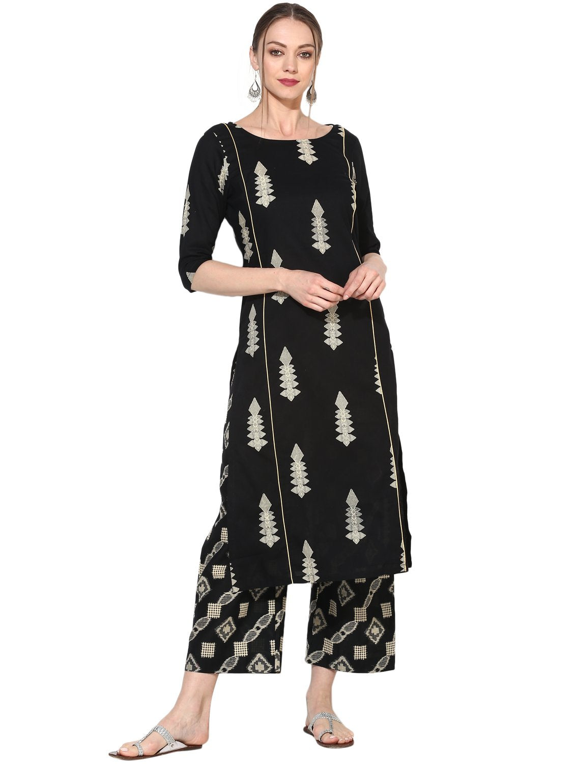 Women's Black Cotton Blend Printed 3/4 Sleeve Round Neck Casual Kurta Set - Myshka