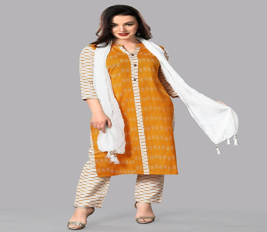 Women's Yellow Color Cotton Blend Straight Printed Kurta Pant Set With Dupatta  - Vaaba