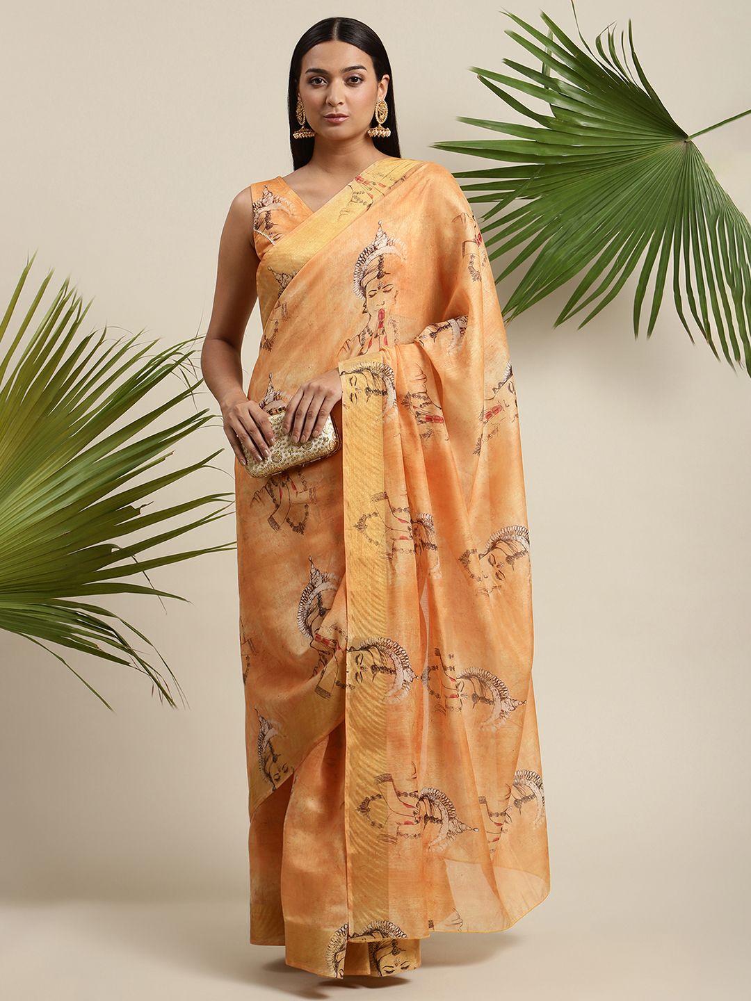 Women's Orange Chanderi Digital Printed Saree - Ahalyaa