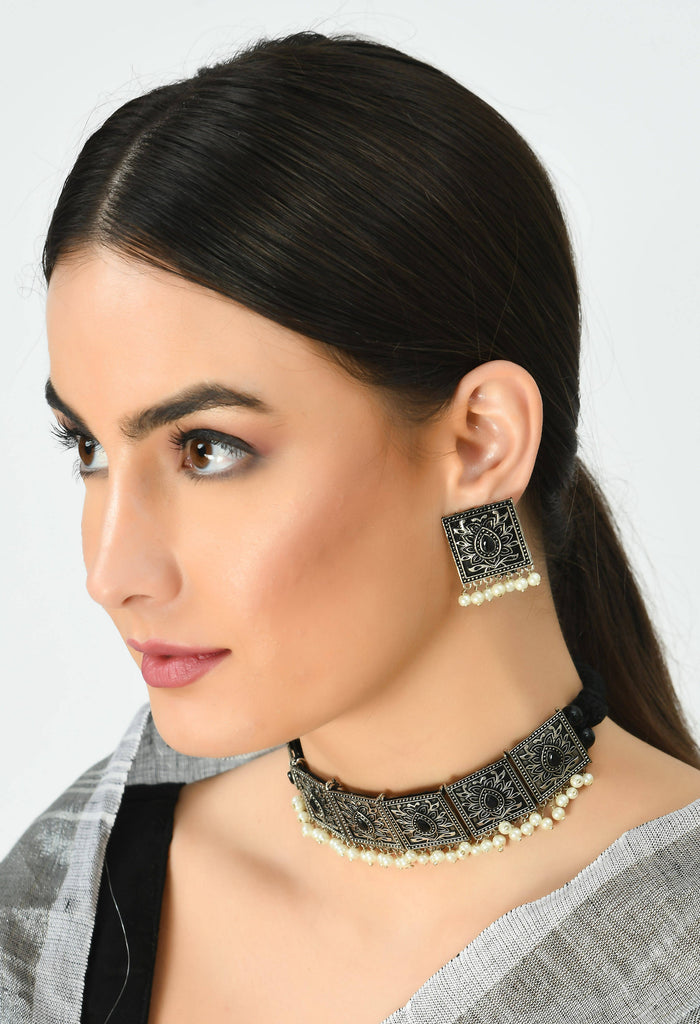 Kamal Johar Oxidised Silver-Plated Black Nacklace with Ear