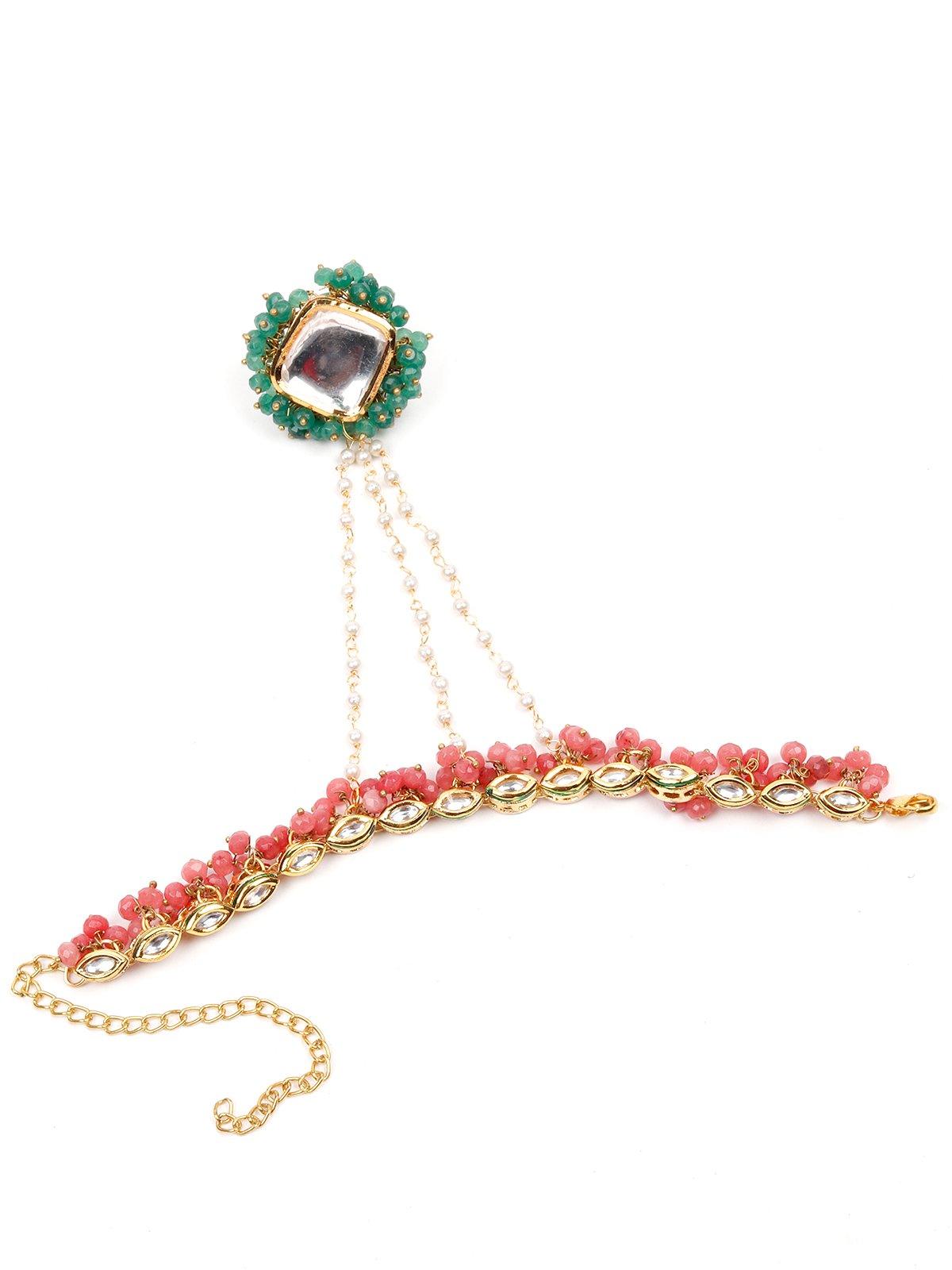 Women's Kundan Bracelet With An Attached Ring-Red&Green - Odette