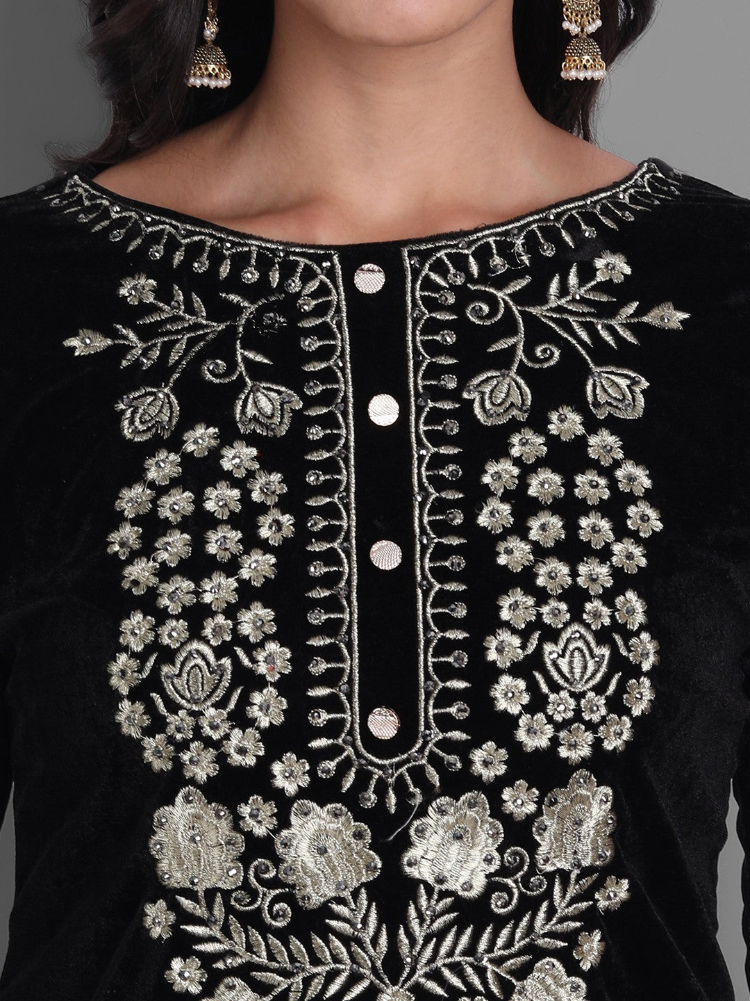 Women's Black Embroidered Velvet Kurta With Trousers & Withã¢ Dupatta - Noz2Toz