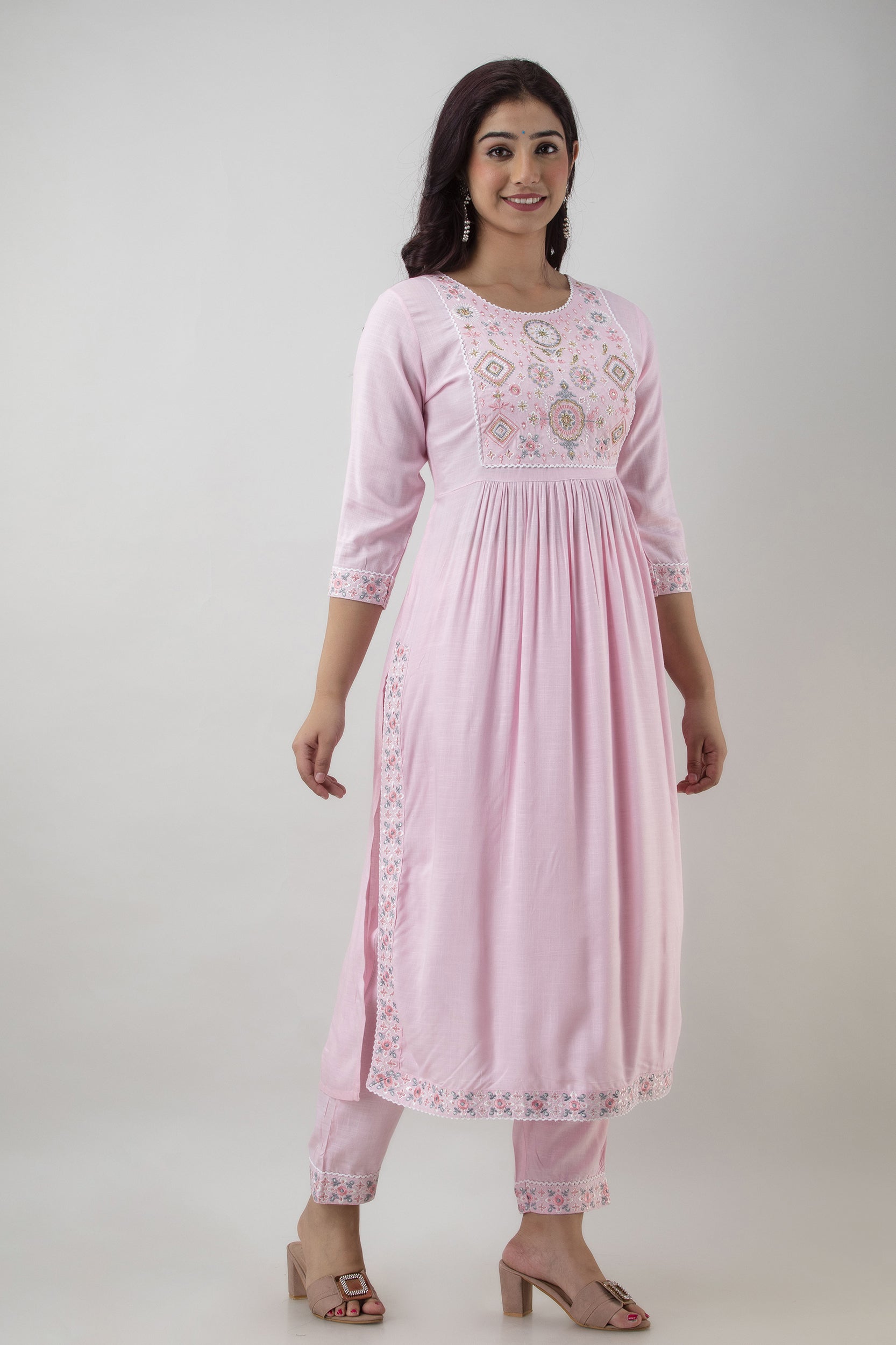 Women's Embroidered Viscose Rayon Straight Kurta Pant & Dupatta Set (Baby Pink) - Charu