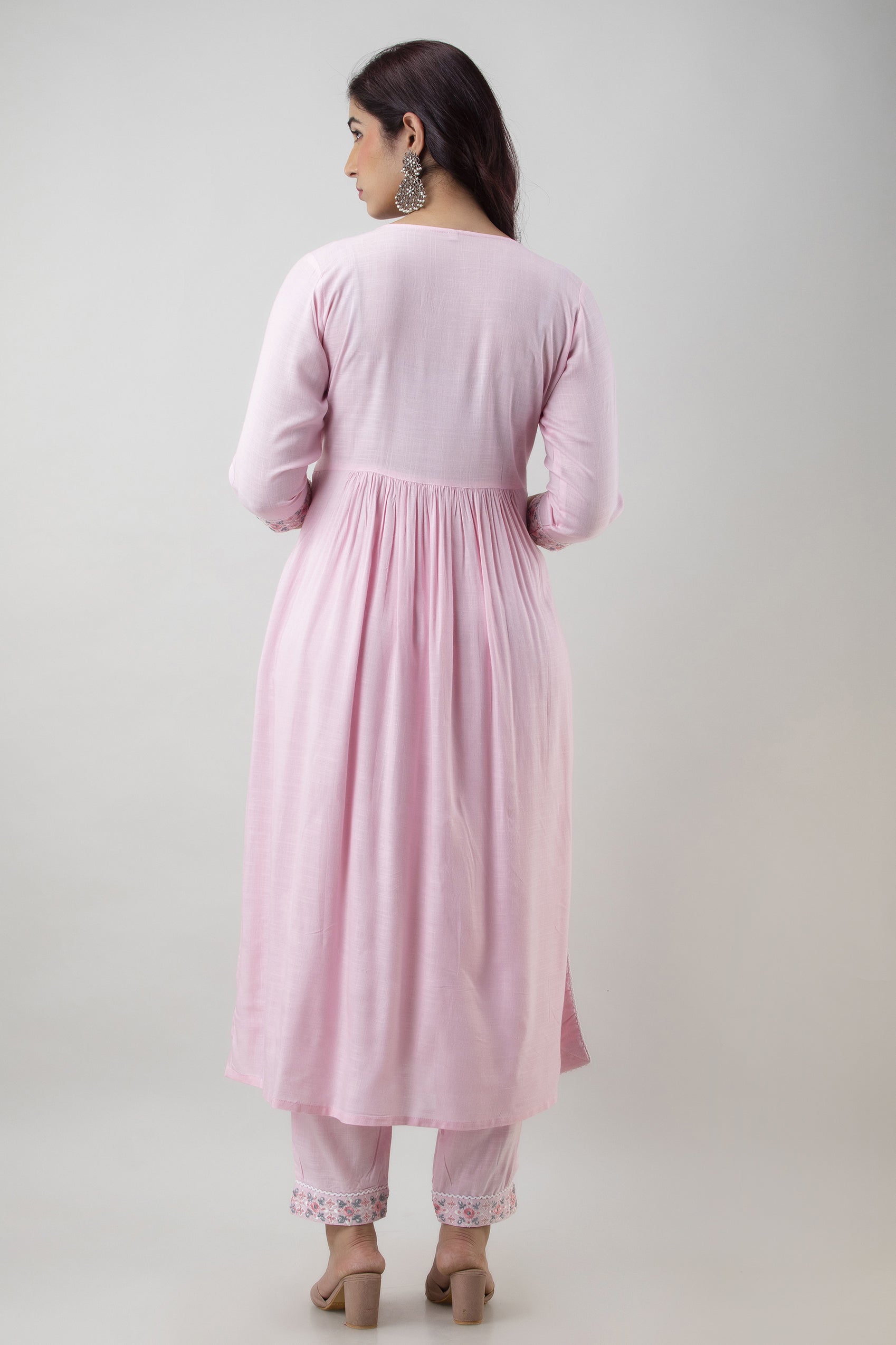 Women's Embroidered Viscose Rayon Straight Kurta Pant & Dupatta Set (Baby Pink) - Charu