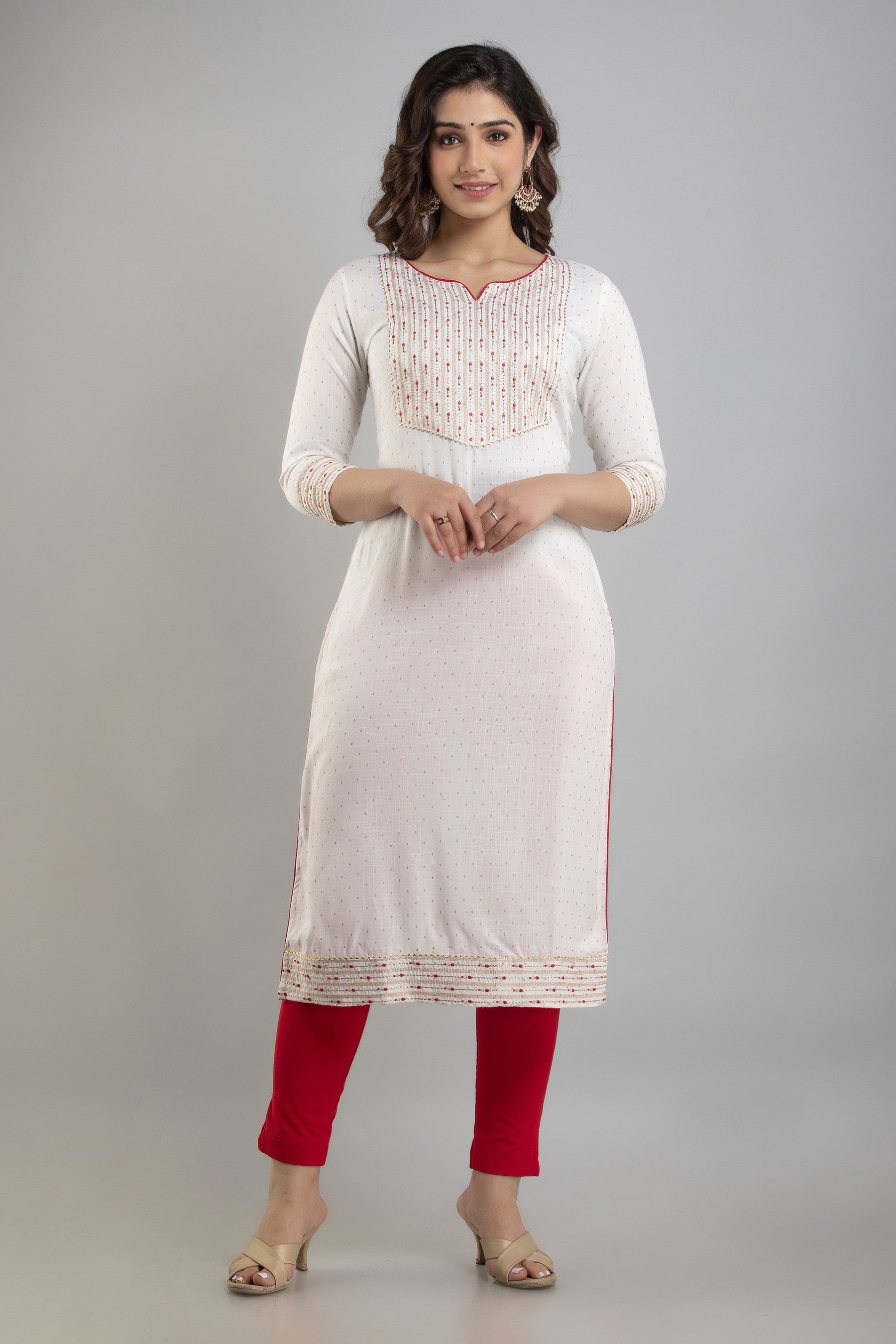Women's Embroidered Viscose Rayon Straight Kurta (White) - Charu