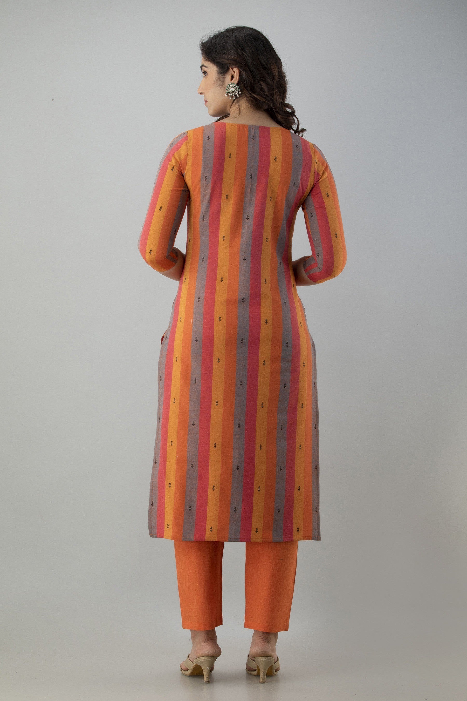 Women's Striped & Woven Cotton Blend Straight Kurta Pant & Dupatta Set (Orange) - Charu