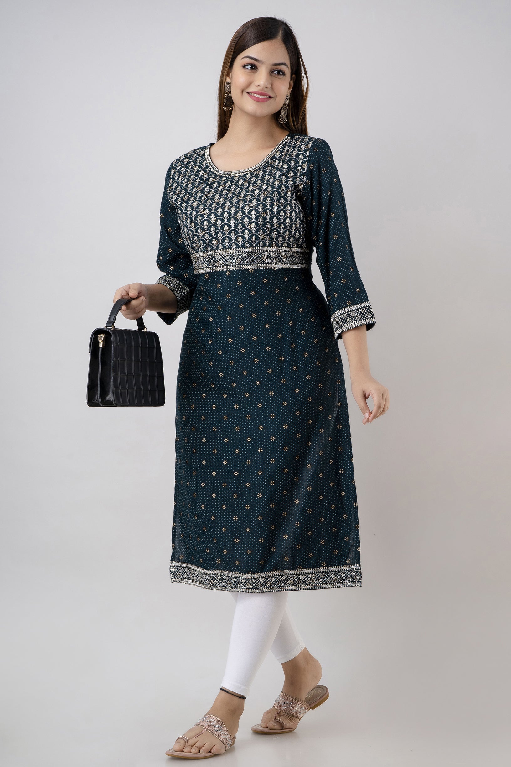 Women's Embroidered Viscose Rayon Straight Kurta (Teal) - Charu
