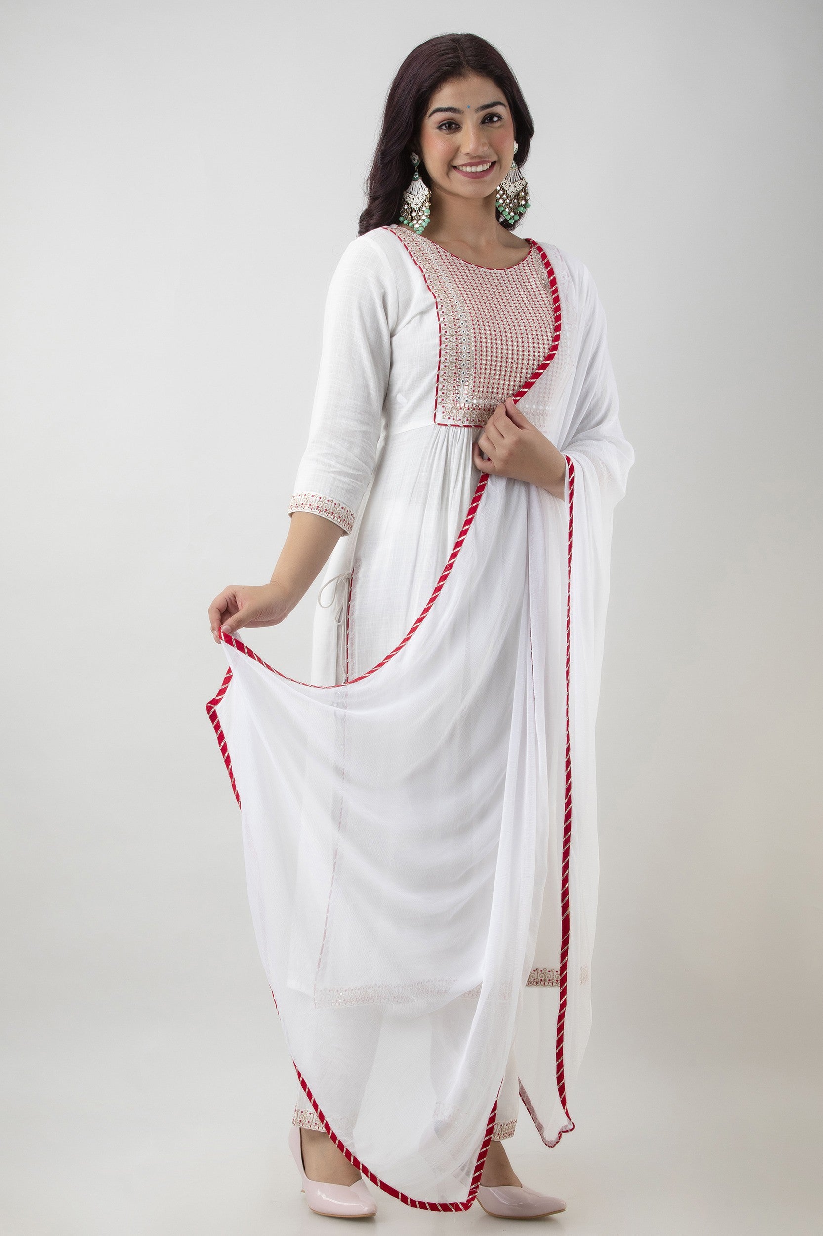 Women's Embroidered Viscose Rayon Naira Cut Kurta Pant & Dupatta Set (White) - Charu