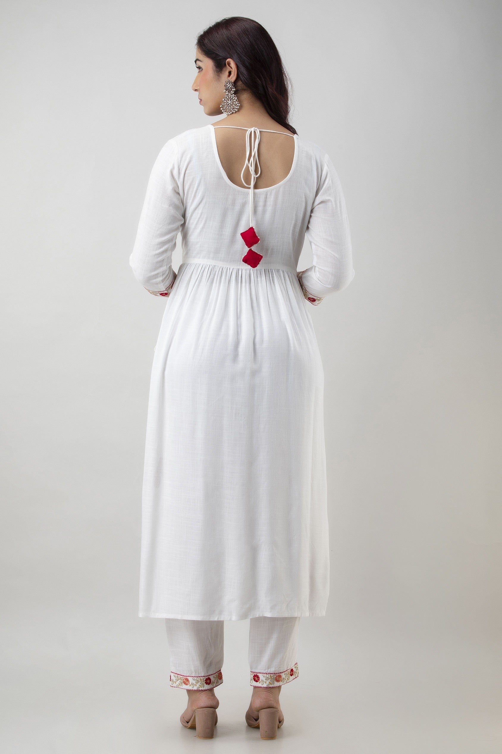 Women's Embroidered Viscose Rayon Naira Cut Kurta Pant & Dupatta Set (White) - Charu