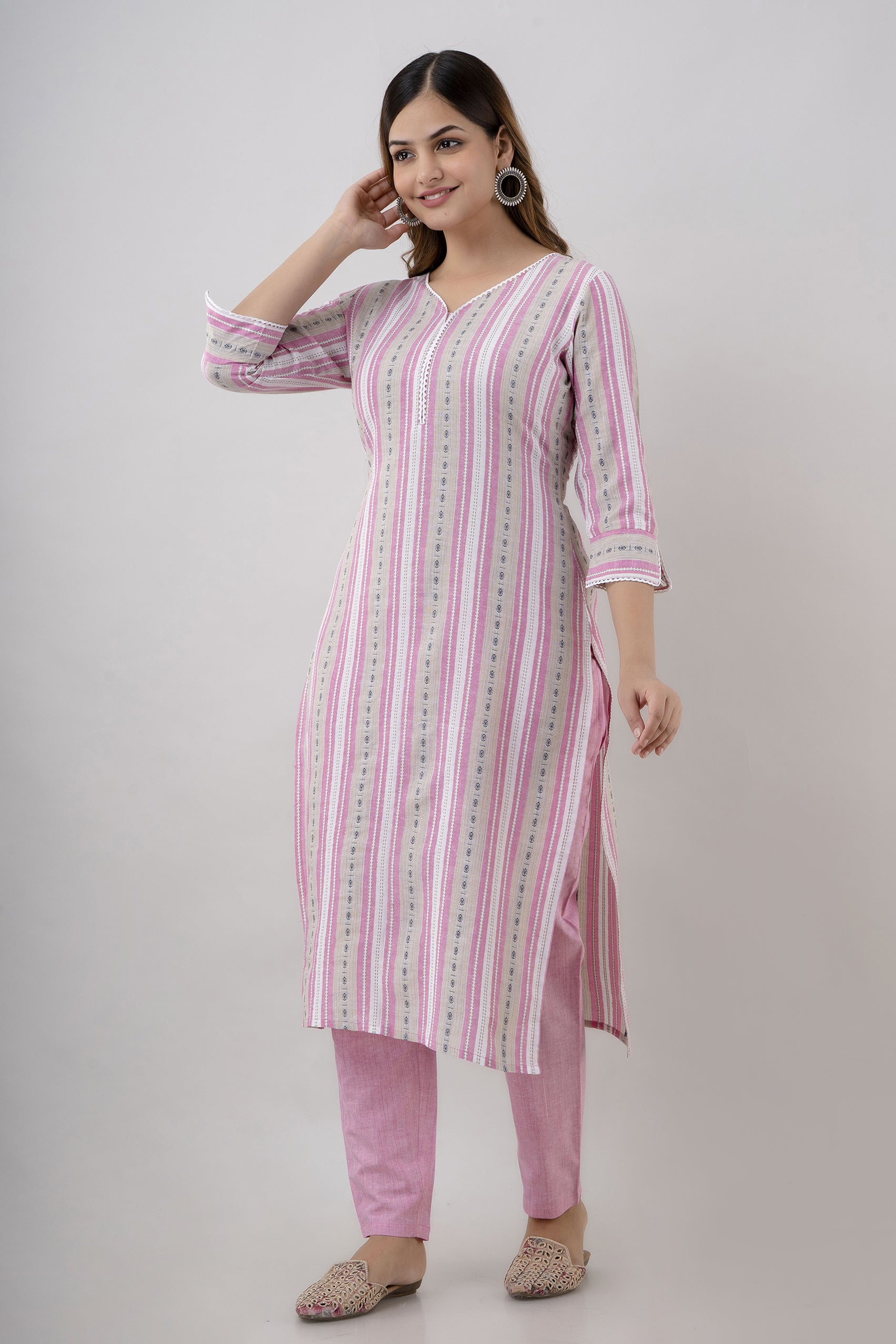 Women's Striped Cotton Blend Straight Kurta Pant & Dupatta Set (Pink) - Charu