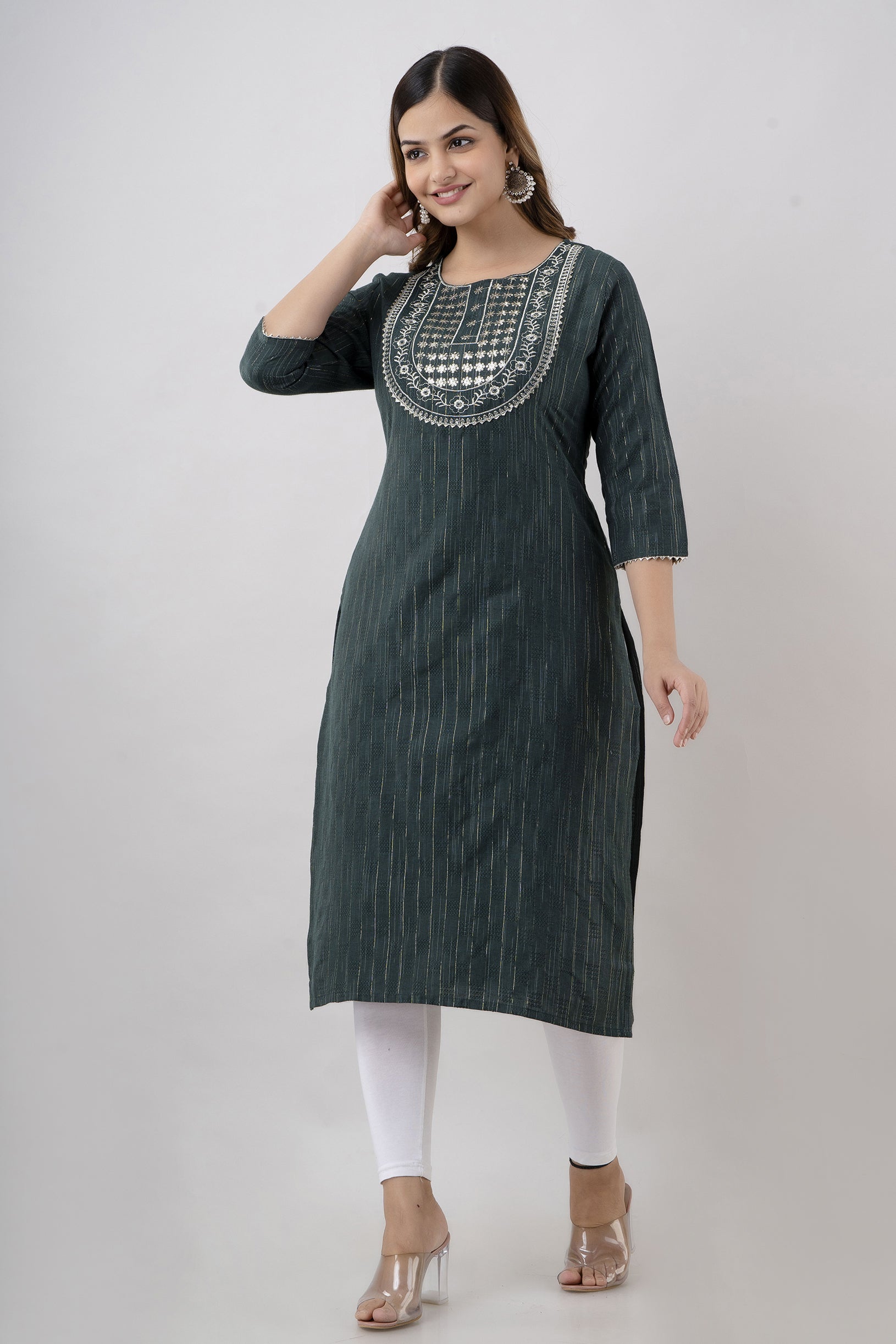 Women's Embroidered Cotton Blend Straight Kurta (Dark Green) - Charu