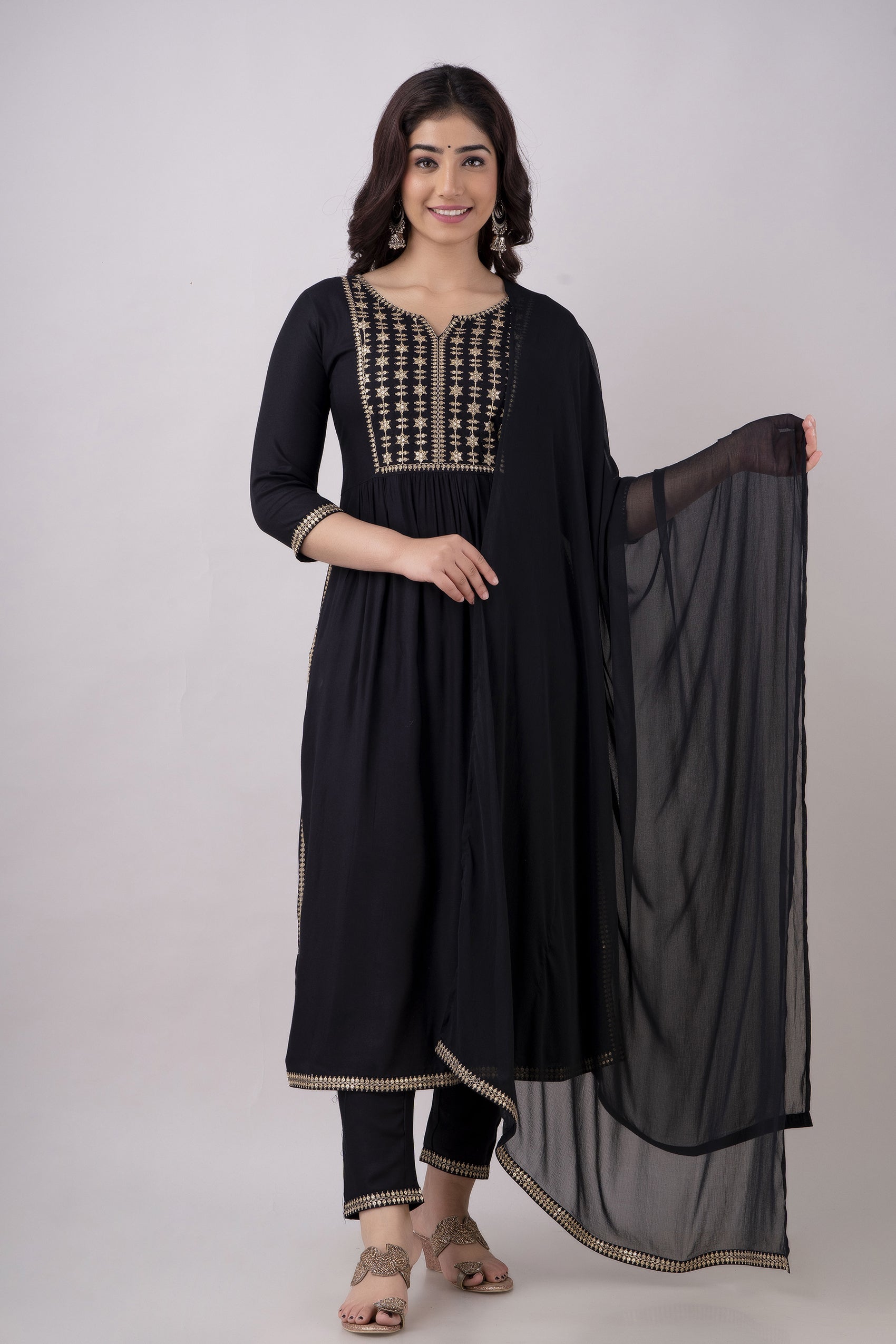 Women's Embroidered Viscose Rayon Naira Cut Kurta Pant & Dupatta Set (Black) - Charu