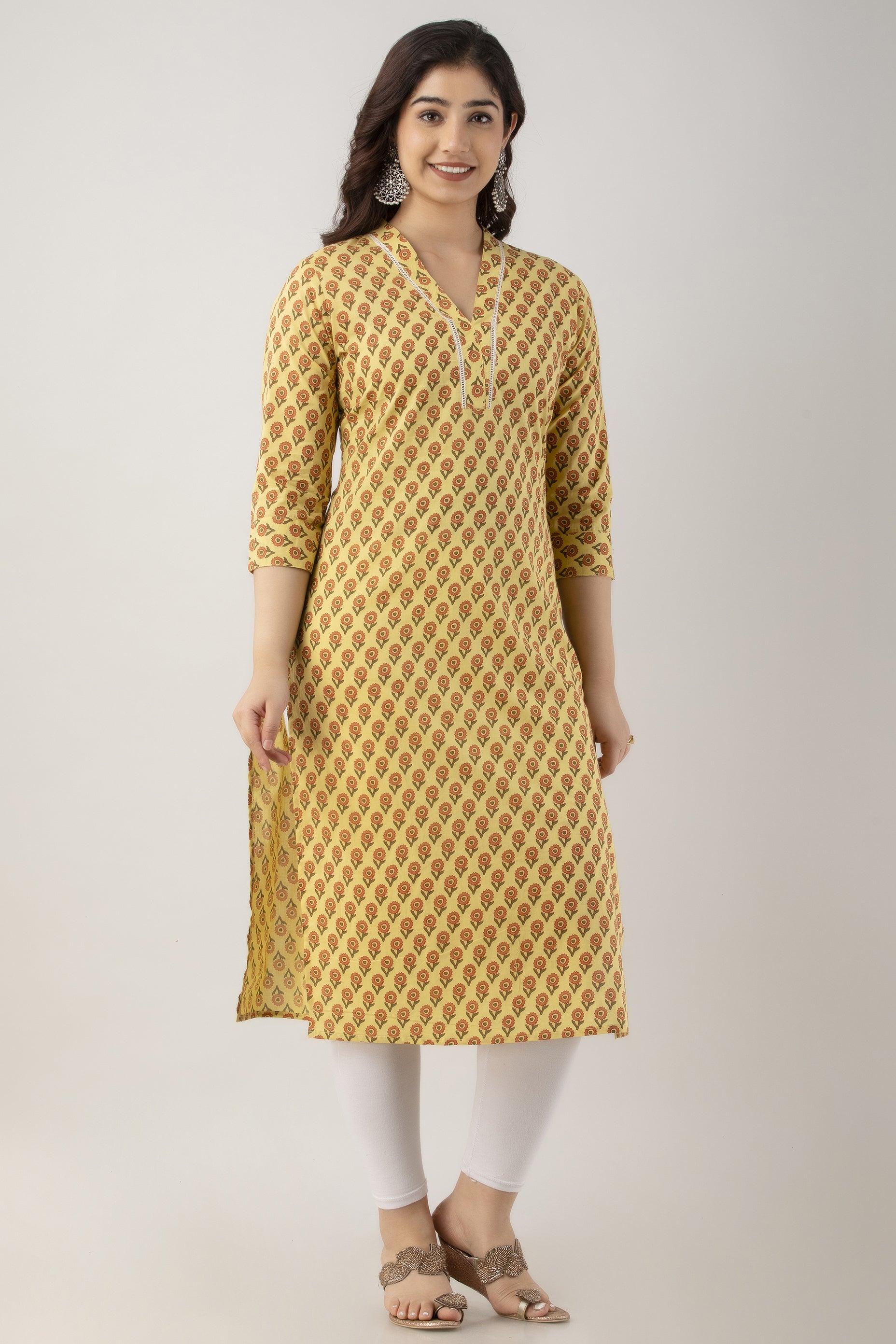 Women's Floral Pure Cotton Regular Kurta (Yellow) - Charu