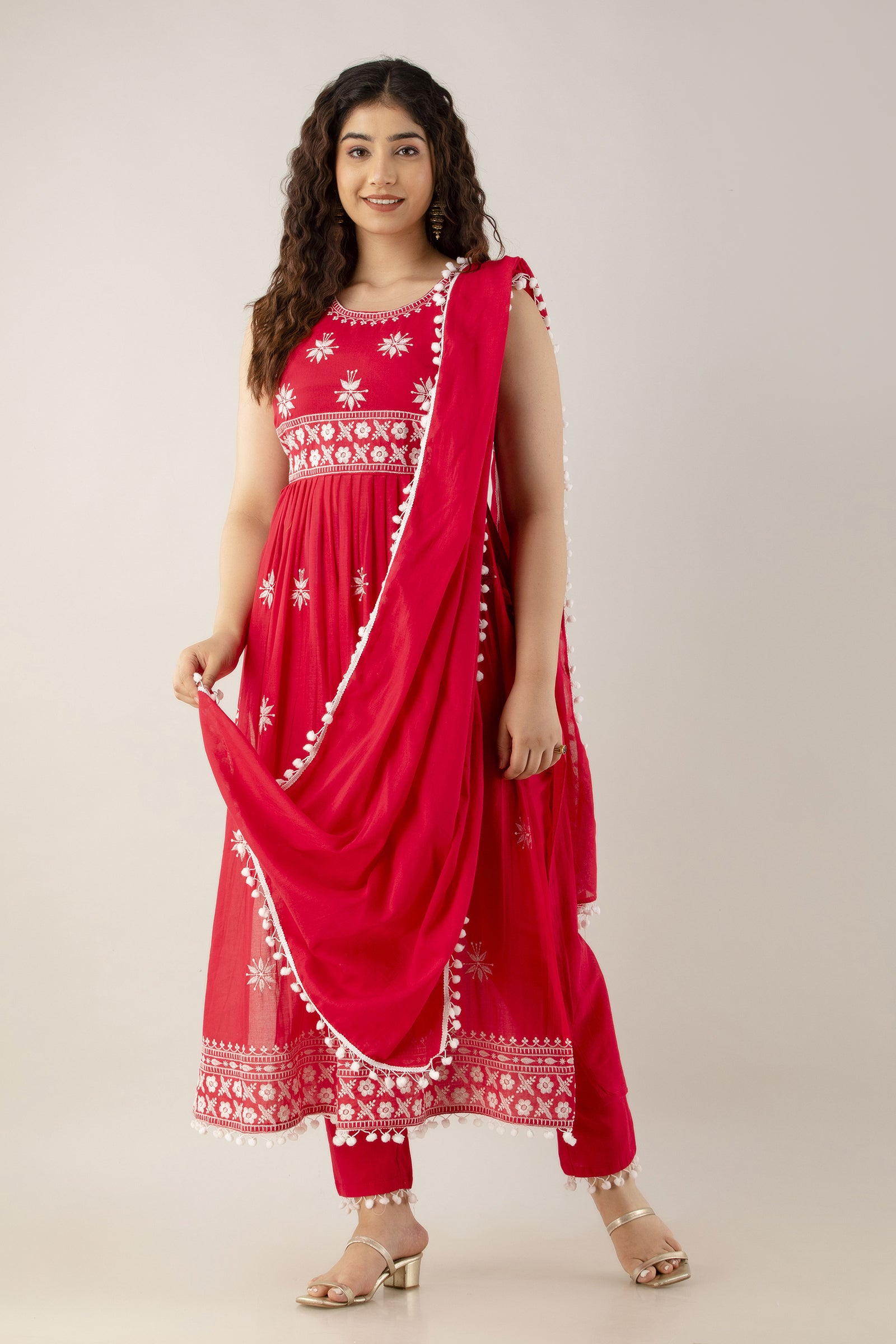 Women's Embroidered Cotton Naira Cut Kurta Pant & Dupatta Set (Rani) - Charu