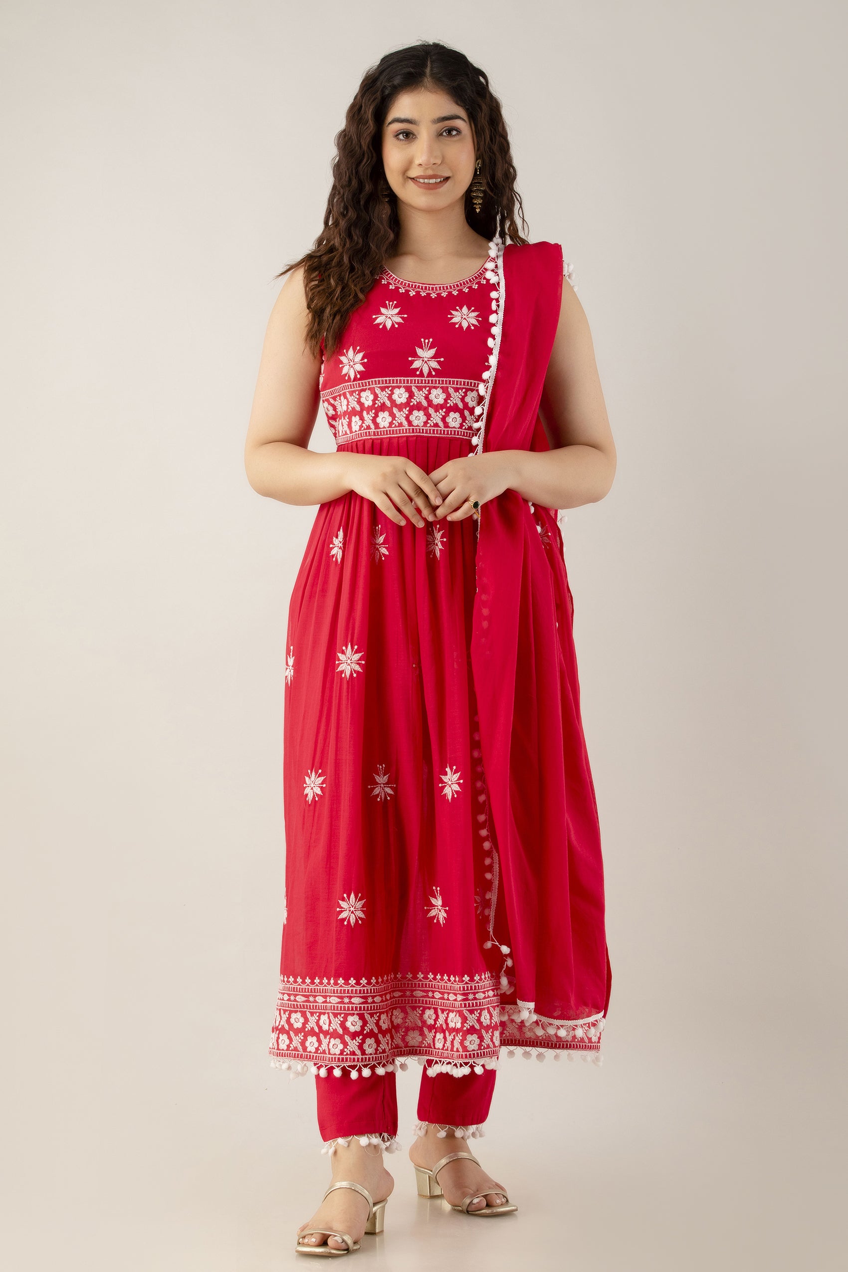 Women's Embroidered Cotton Naira Cut Kurta Pant & Dupatta Set (Rani) - Charu