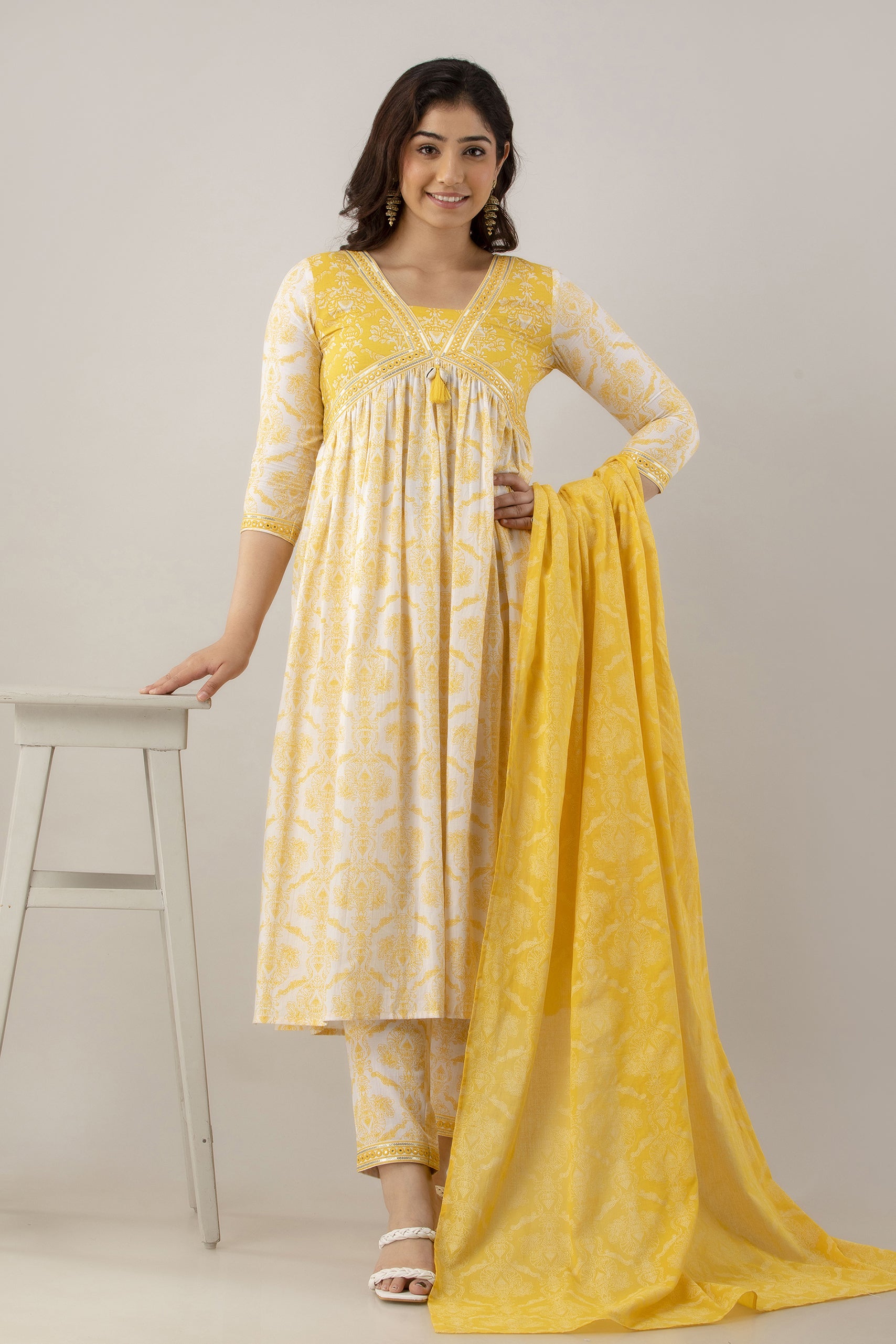 Women's Embroidered & Printed Cotton Alia Cut Kurta Pant & Dupatta Set (Yellow) - Charu