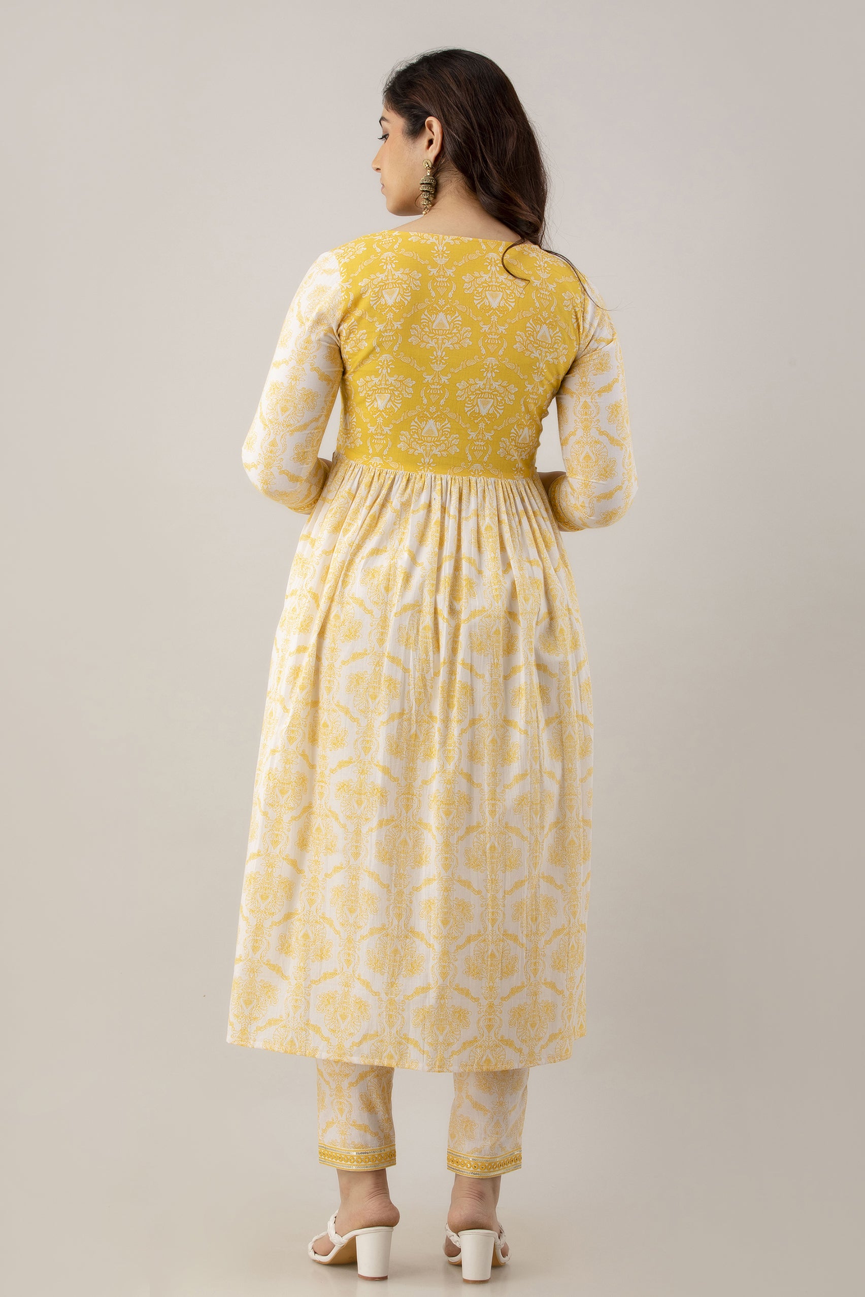 Women's Embroidered & Printed Cotton Alia Cut Kurta Pant & Dupatta Set (Yellow) - Charu