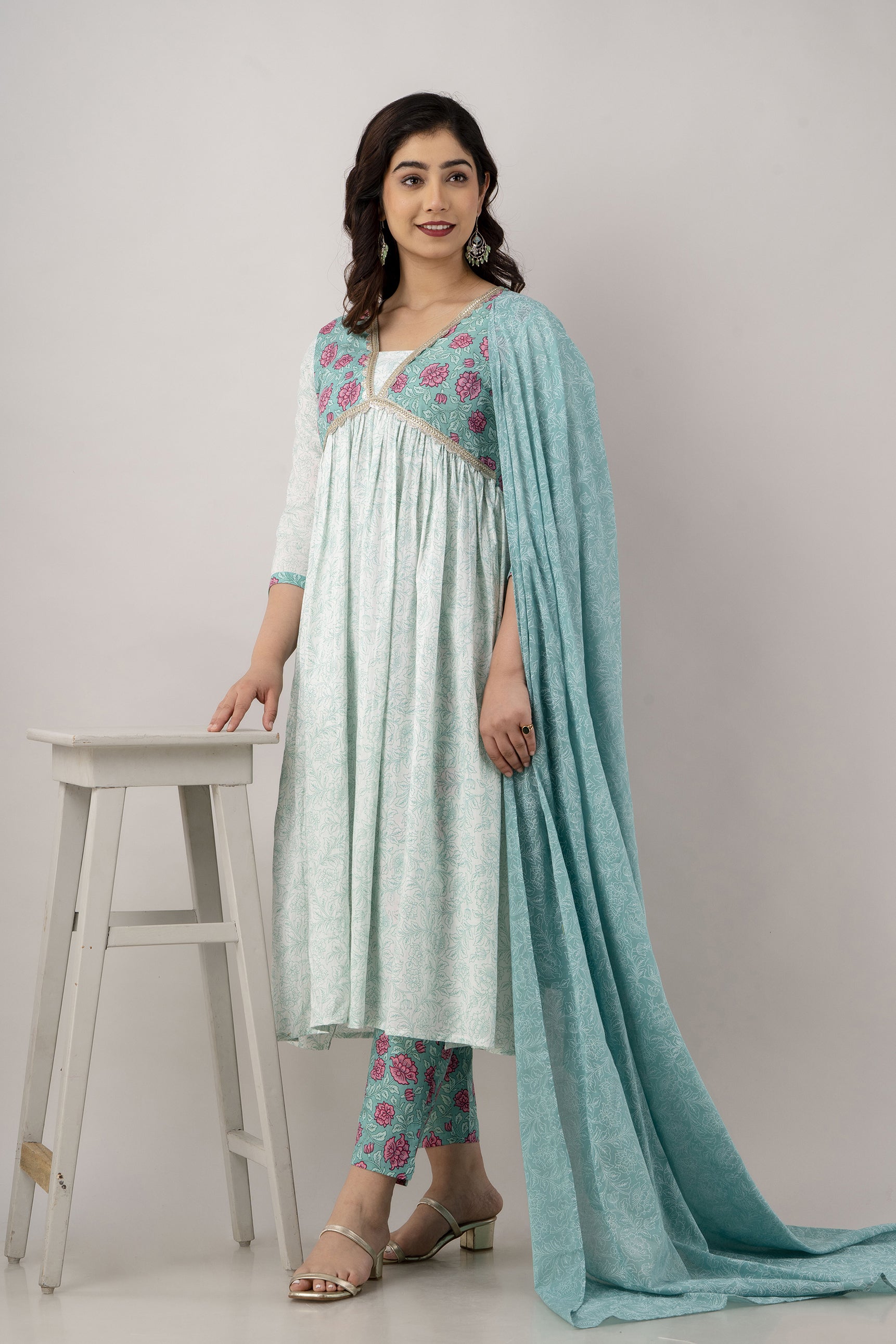 Women's Printed Cotton Alia Cut Kurta Pant & Dupatta Set (White Blue) - Charu