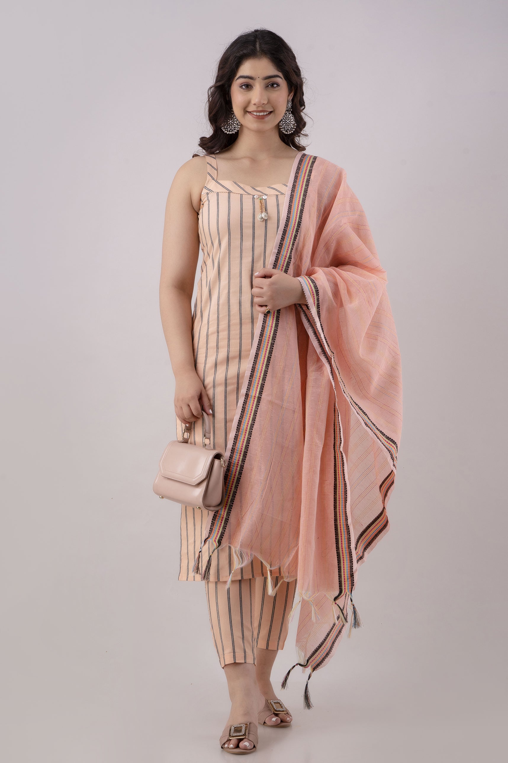 Women's Striped Cotton Blend Straight Kurta Pant & Dupatta Set (Peach) - Charu