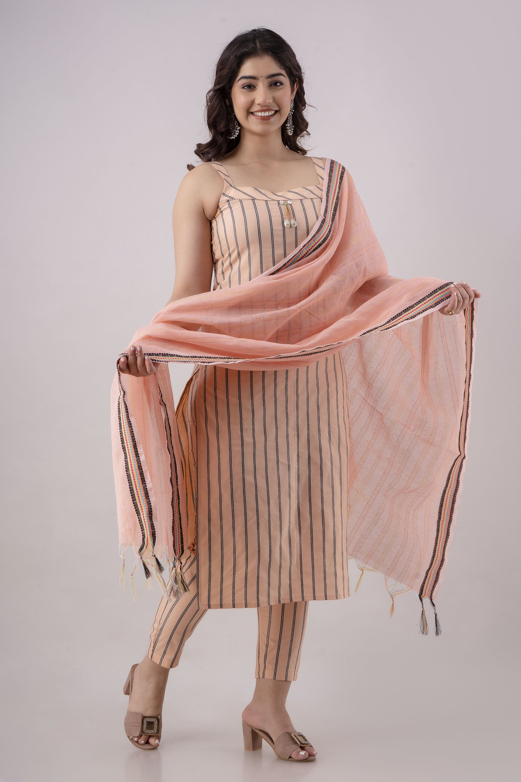 Women's Striped Cotton Blend Straight Kurta Pant & Dupatta Set (Peach) - Charu
