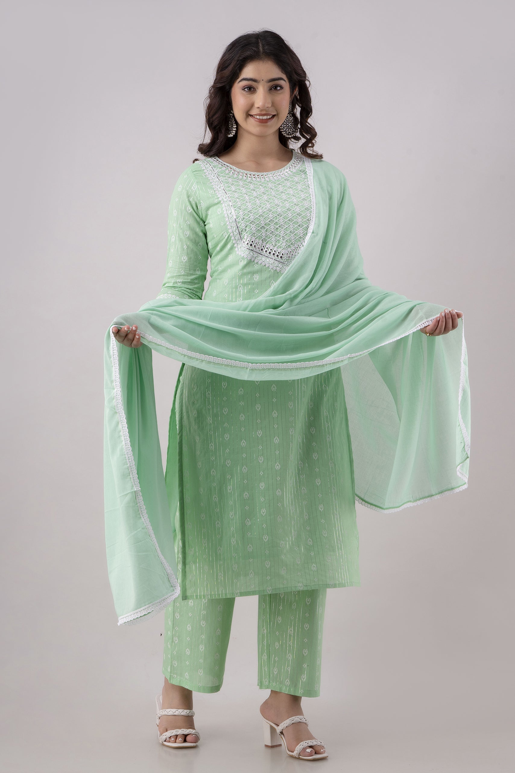 Women's Embroidered & Printed Cotton Straight Kurta Pant & Dupatta Set (Green) - Charu