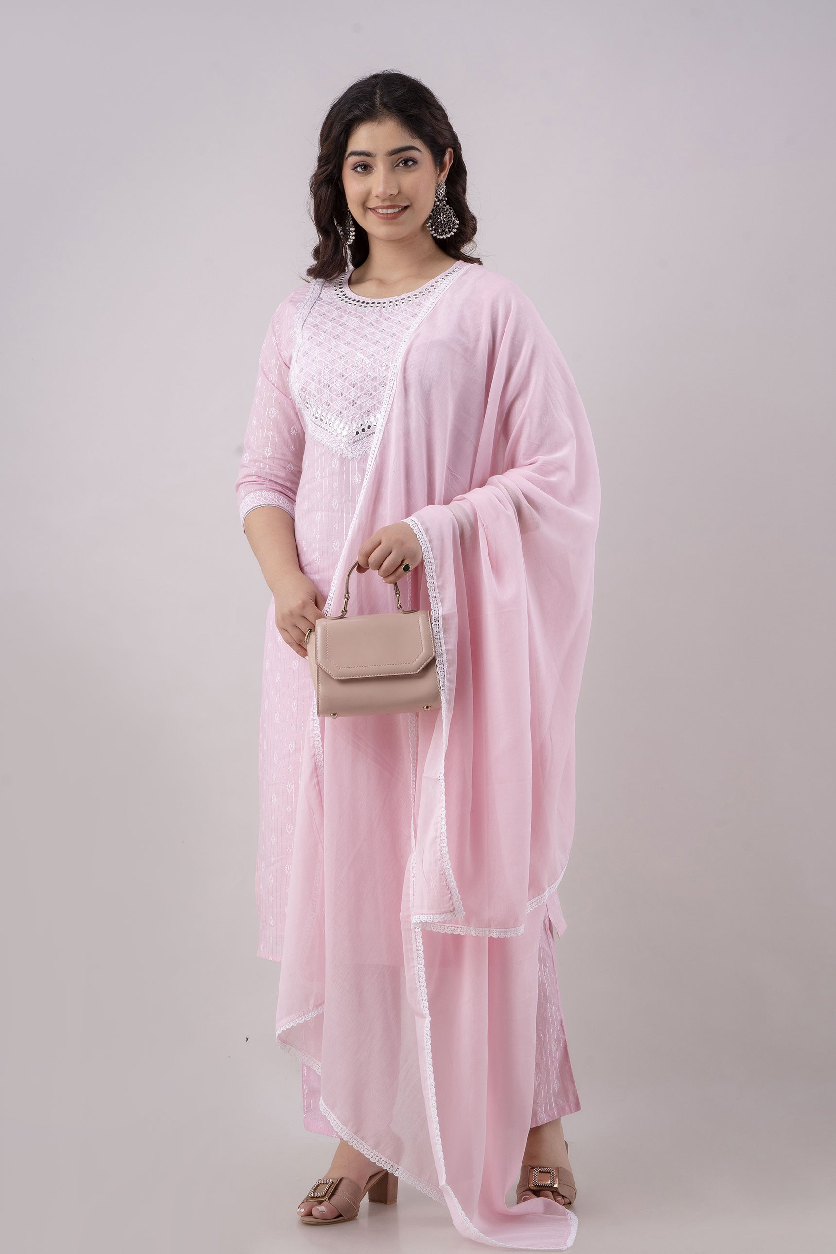 Women's Embroidered & Printed Cotton Straight Kurta Pant & Dupatta Set (Pink) - Charu