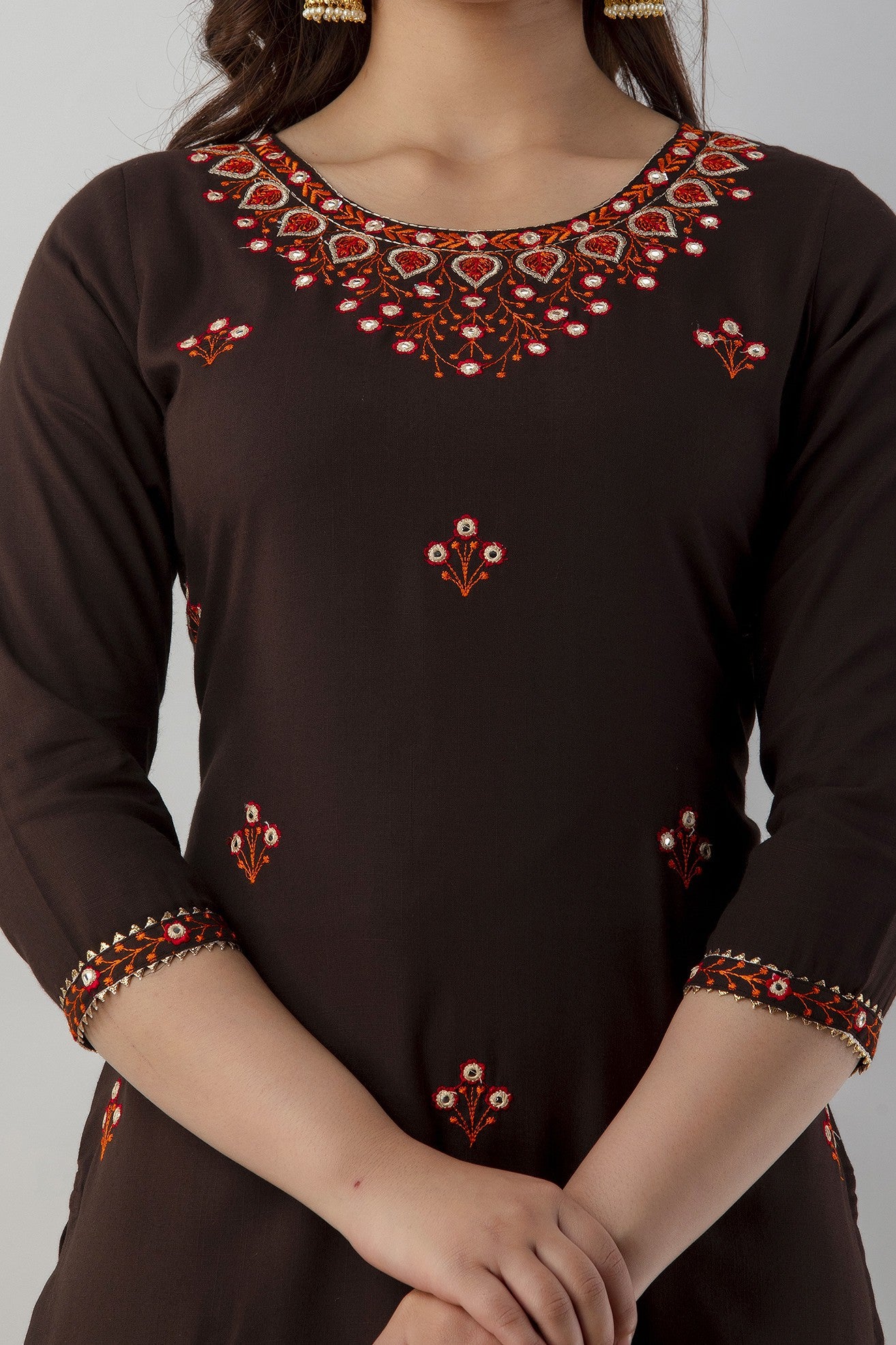Women's Embroidered Viscose Rayon Straight Kurta (Brown) - Charu
