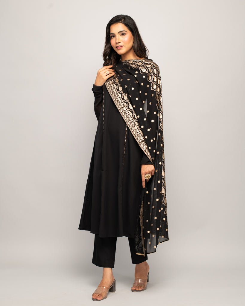 Women's Black Creap A-Line Kurta Pant With dupatta