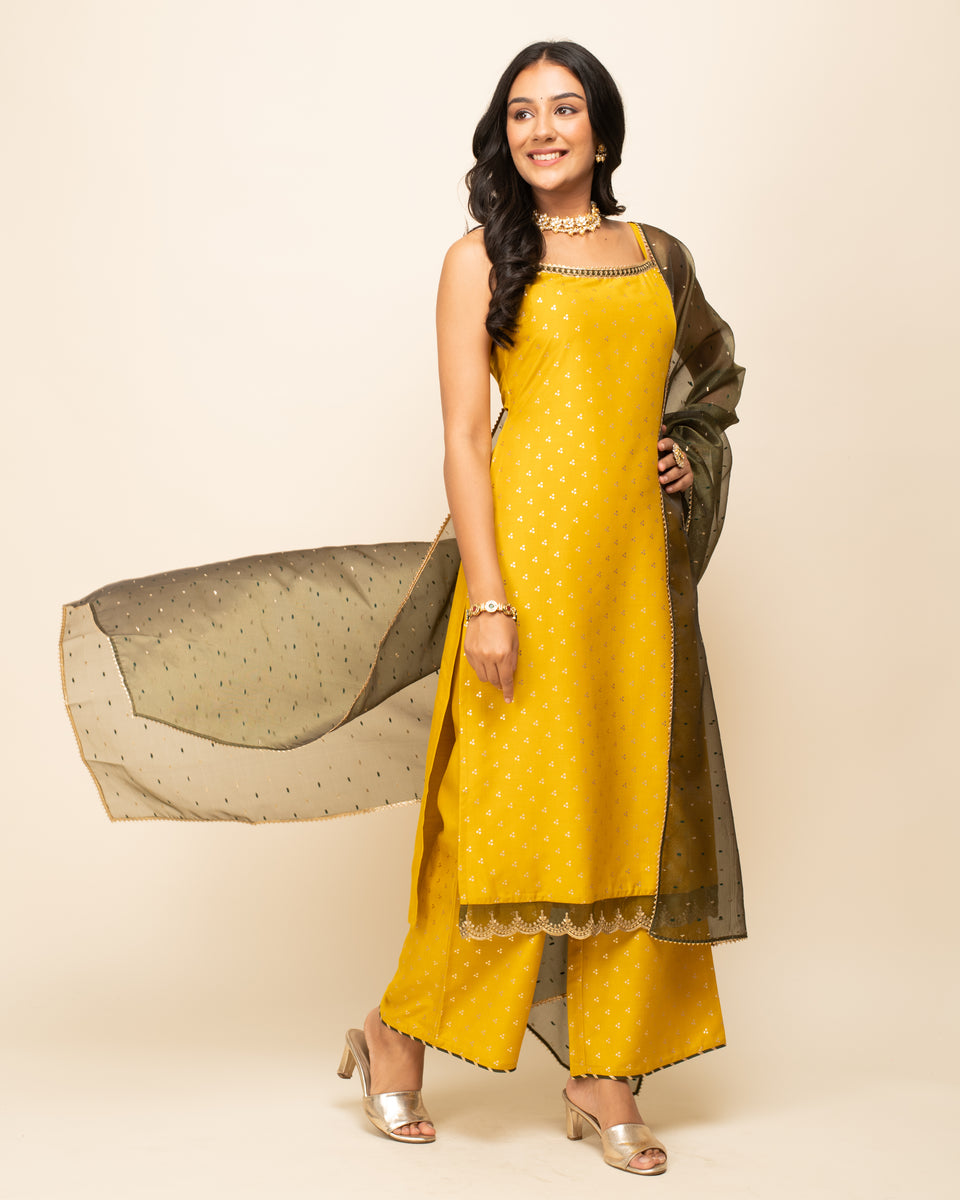 FIORRA Women's Cotton Kurta Set - Straight Cut With Palazzo Pants & Dupatta, Casual/Festive (Brown) - View #8