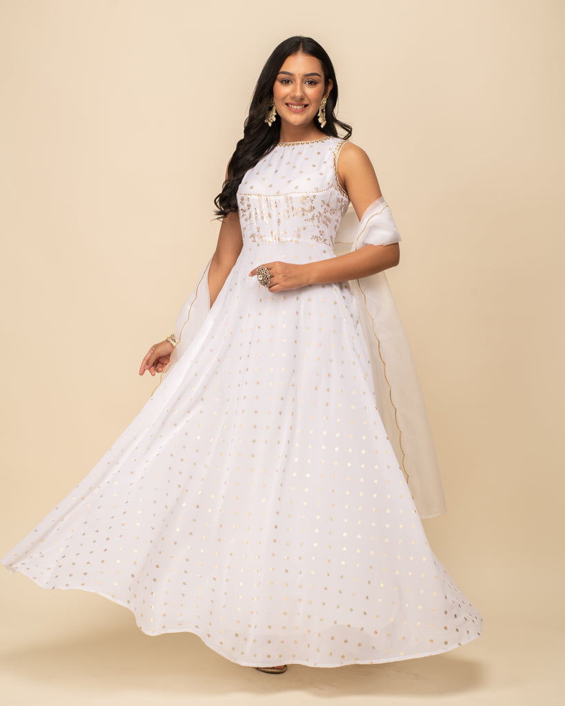 Women's White Georgette Anarkali Kurta With dupatta