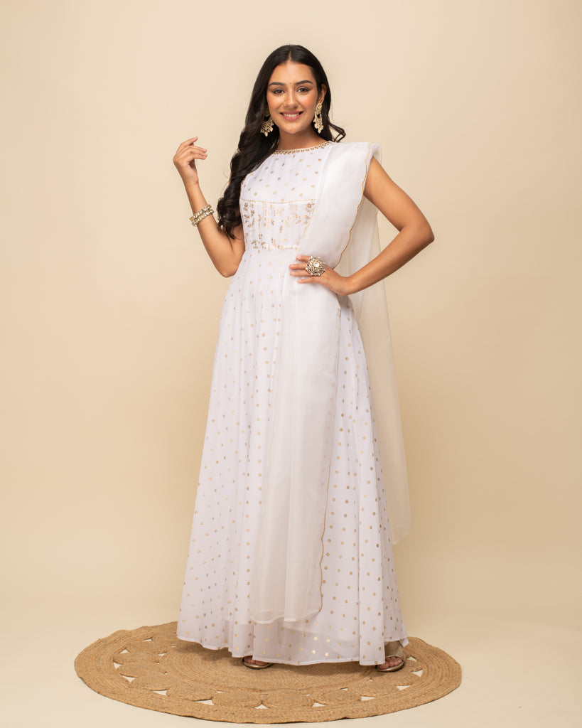 Women's White Georgette Anarkali Kurta With dupatta