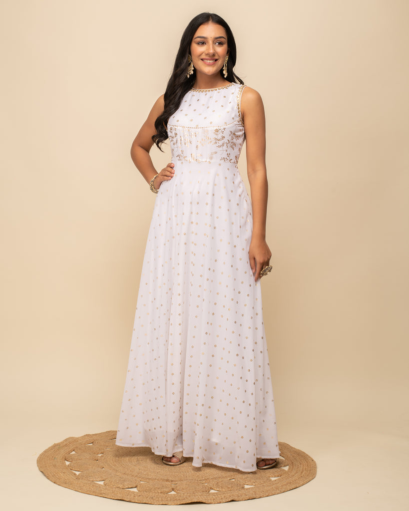 Women's White Georgette Anarkali Kurta With dupatta