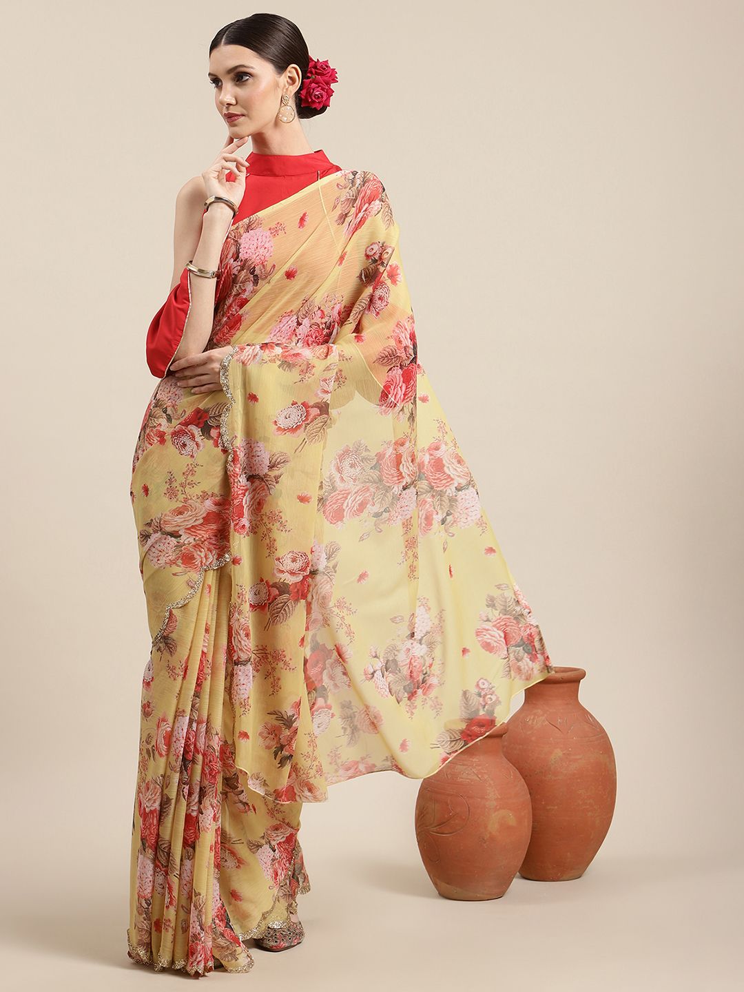 Women's Yellow Chiffon Digital Print Floral Saree - Ahalyaa