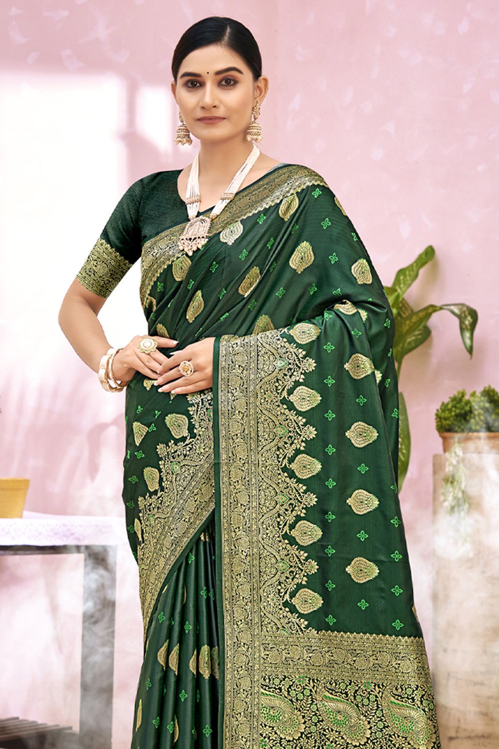 Women's Dark Green Silk Woven Zari Work Traditional Tassle Saree - Sangam Prints