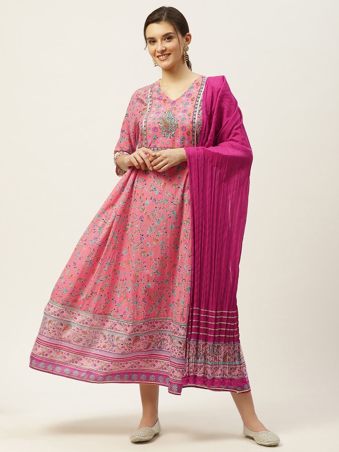 Women's Floral Print Anarkali Dress & Dupatta Set - Juniper