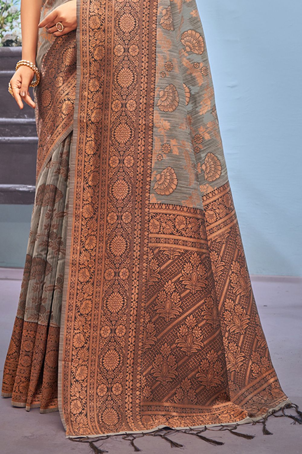 Women's Grey Cotton Woven Zari Work Traditional Tassle Saree - Sangam Prints