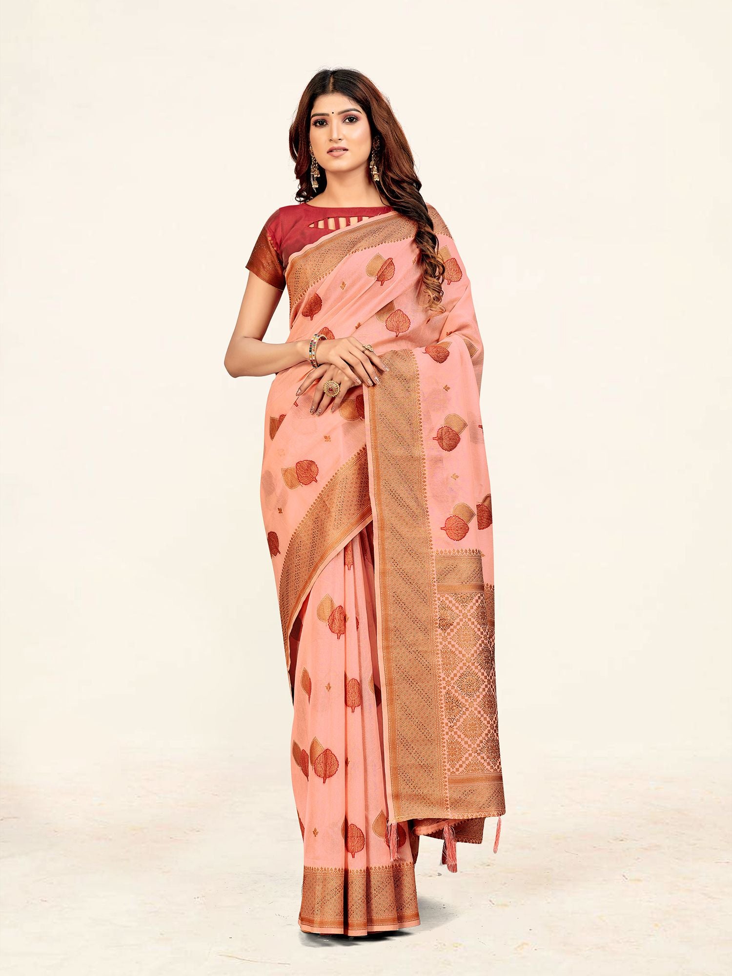 Women's Pink Color Stylish Saree With Blouse Set - Sweet Smile