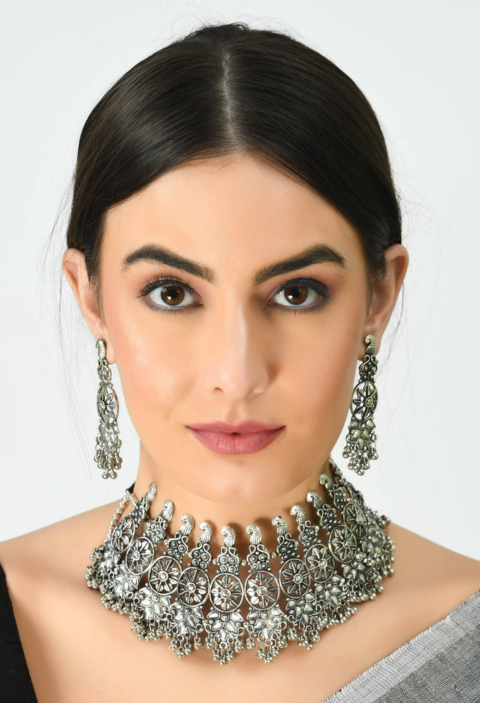 Kamal Johar Silver-Plated Oxidised Necklace & Ear