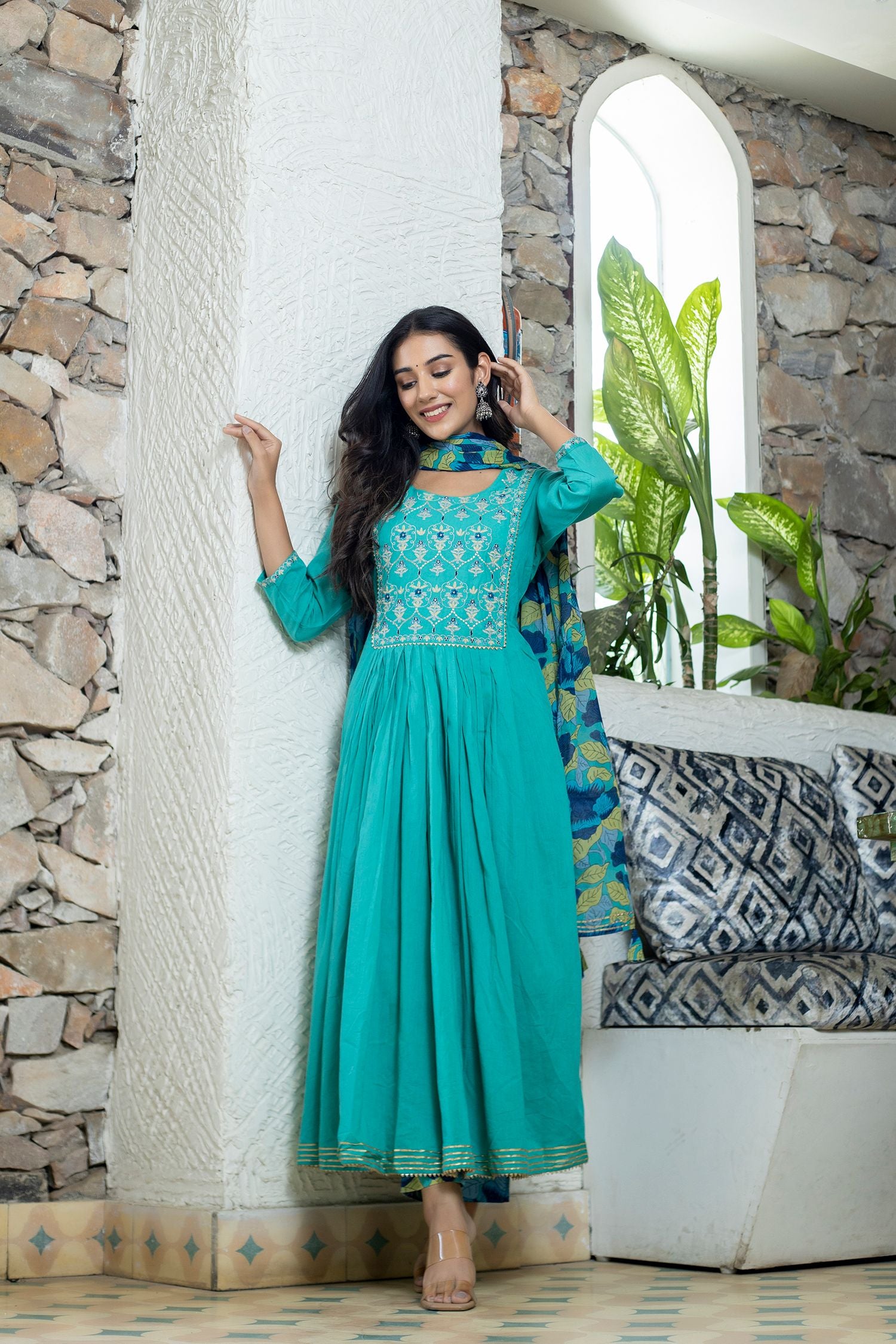Women's Turquoise Floral Print Anarkali Suit Set - KAAJH