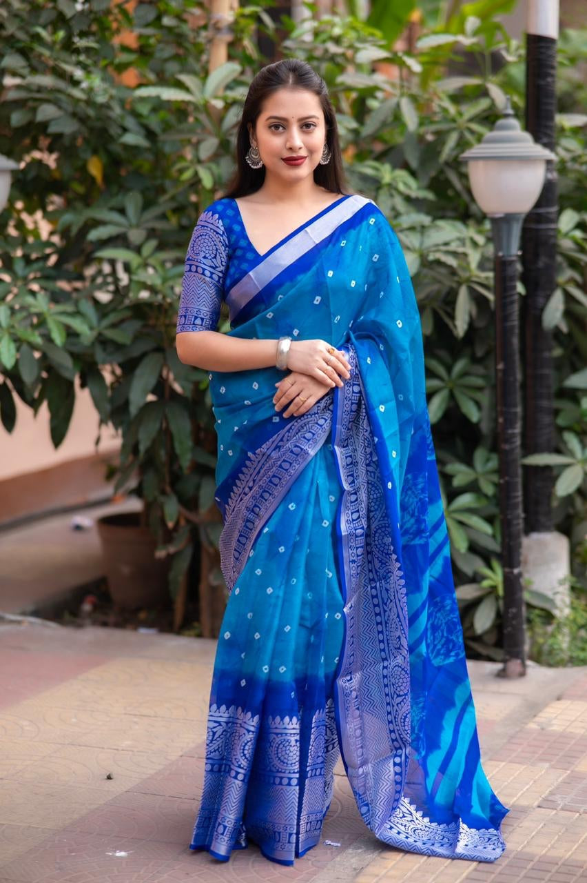 Women's Soft jute silk saree with allover bandhani print and cut broasso border. - stavacreation