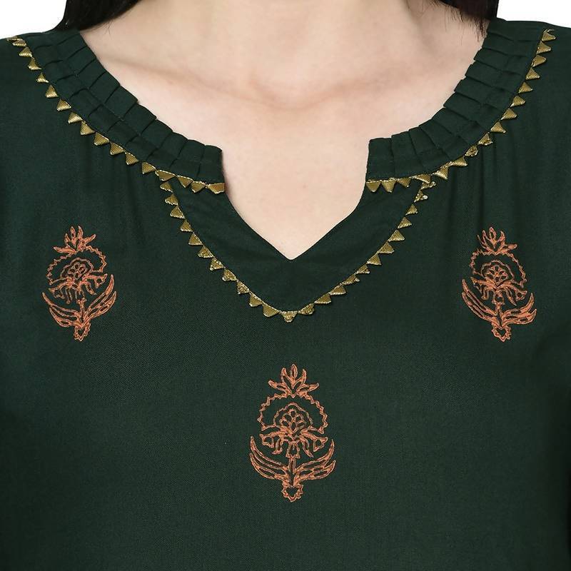 Women's Bottle Green Rayon Block print straight kurta Palazzo set