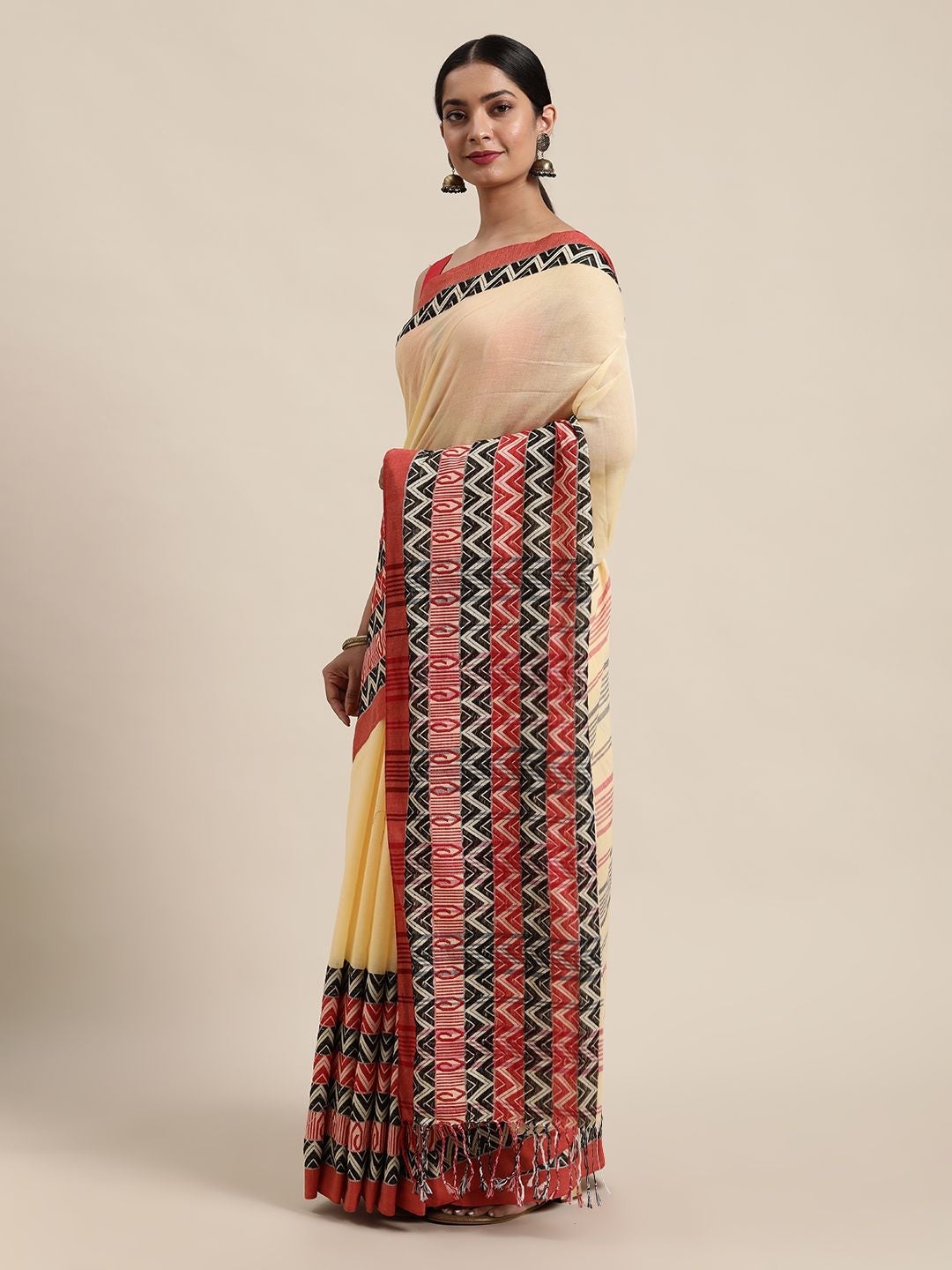 Women's Handloom Cream & Red Pure Cotton Woven Design Khadi Saree - Olive Mist