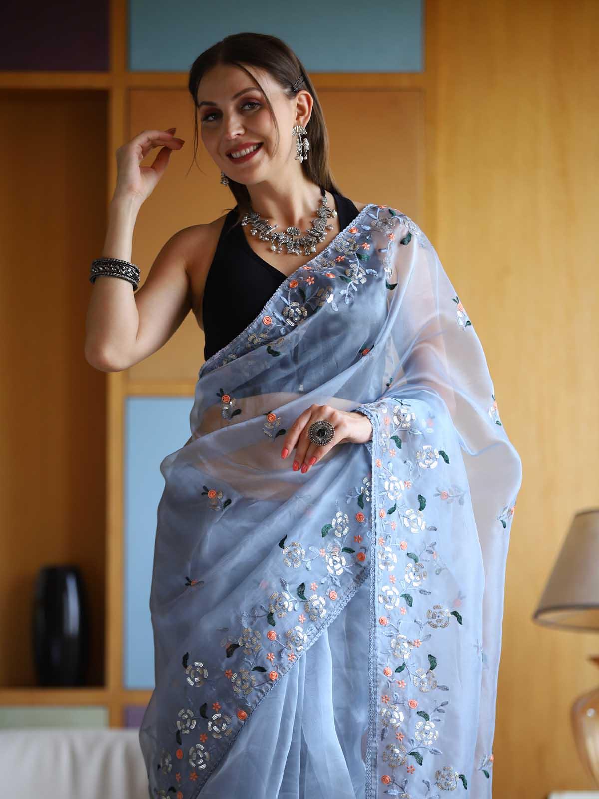 Women's Lavender Organza Embroidery Saree With Blouse - Odette