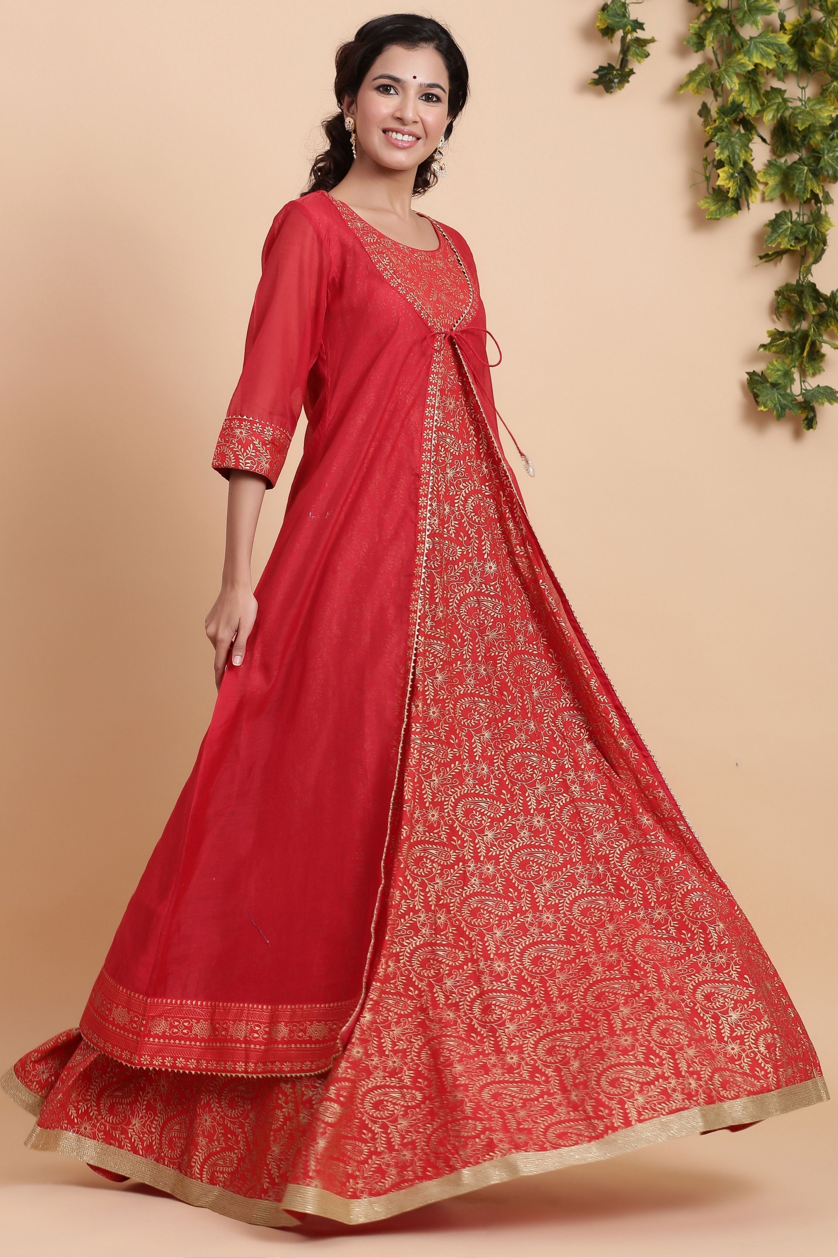 Women's Red Chanderi Layered Dress - Gillori