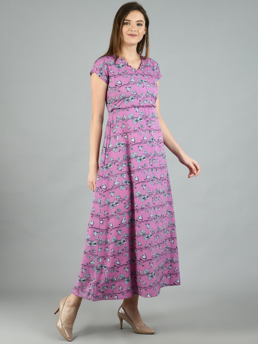 Women's Purple Polyester Printed Short Sleeve V Neck Casual Dress - Myshka
