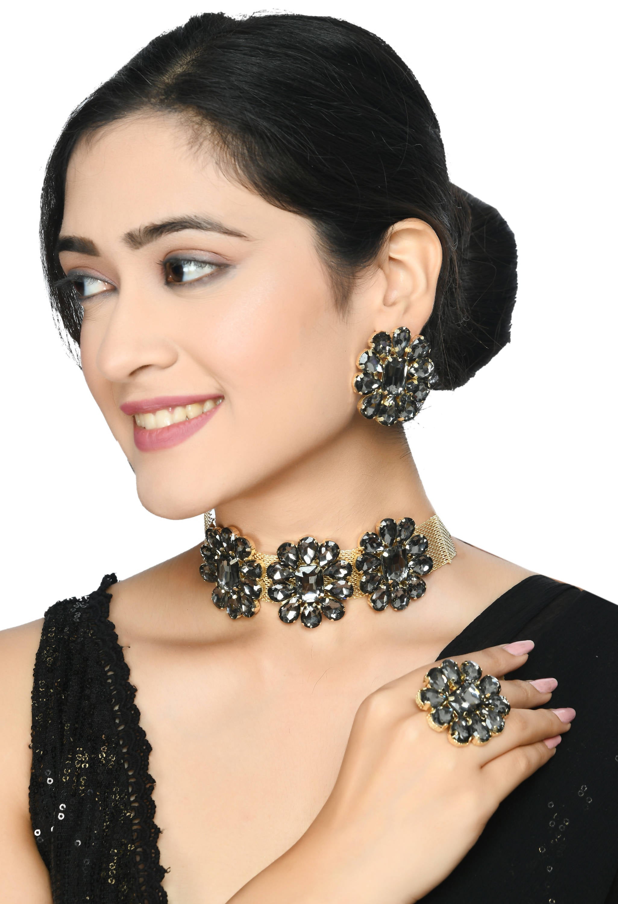 Johar Kamal Designer Golden Plating Choker Set with Earrings and Ring Jkms_175