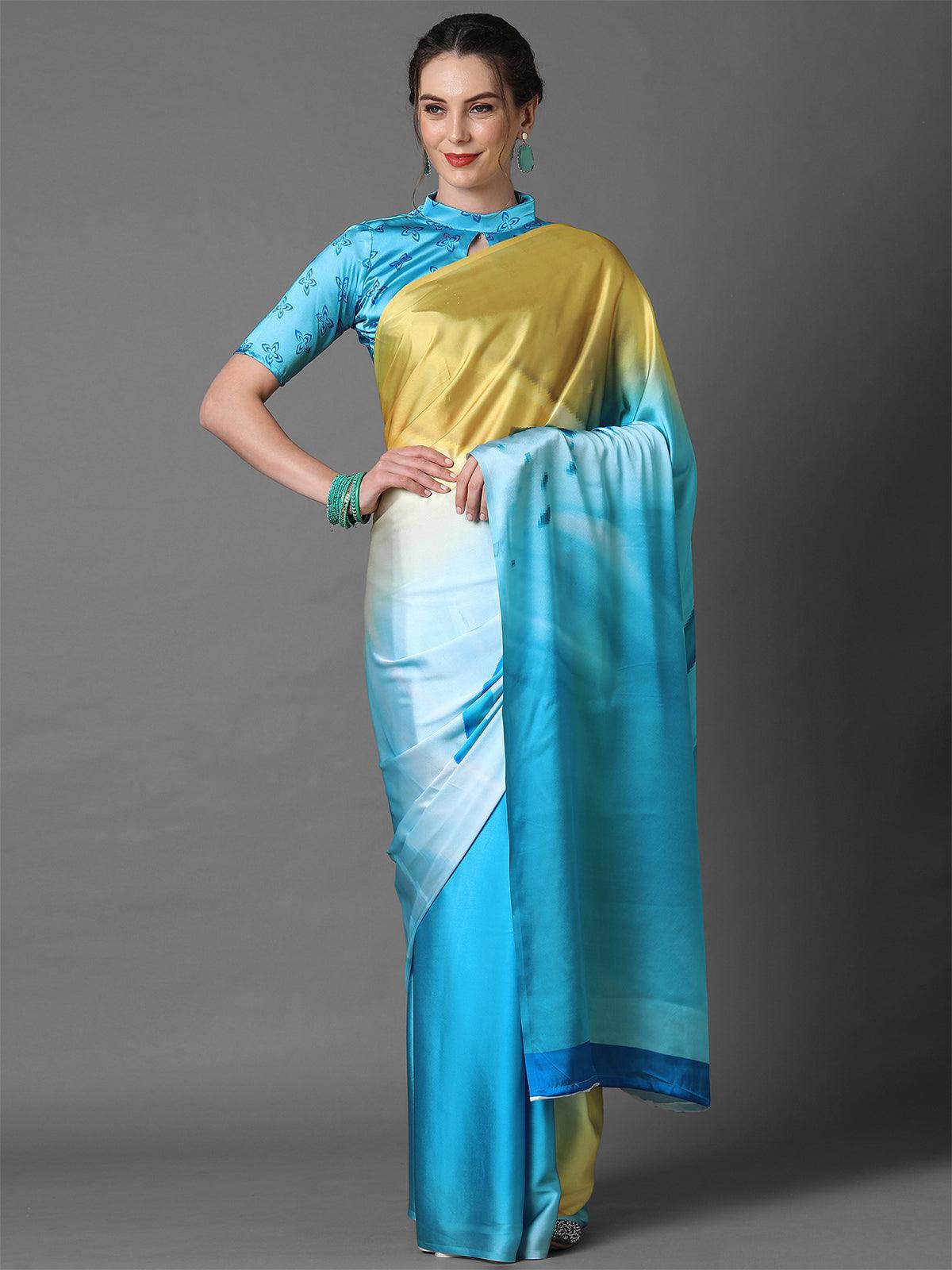 Women's Light Blue & Yellow Casual Crepe Printed Saree With Unstitched Blouse - Odette