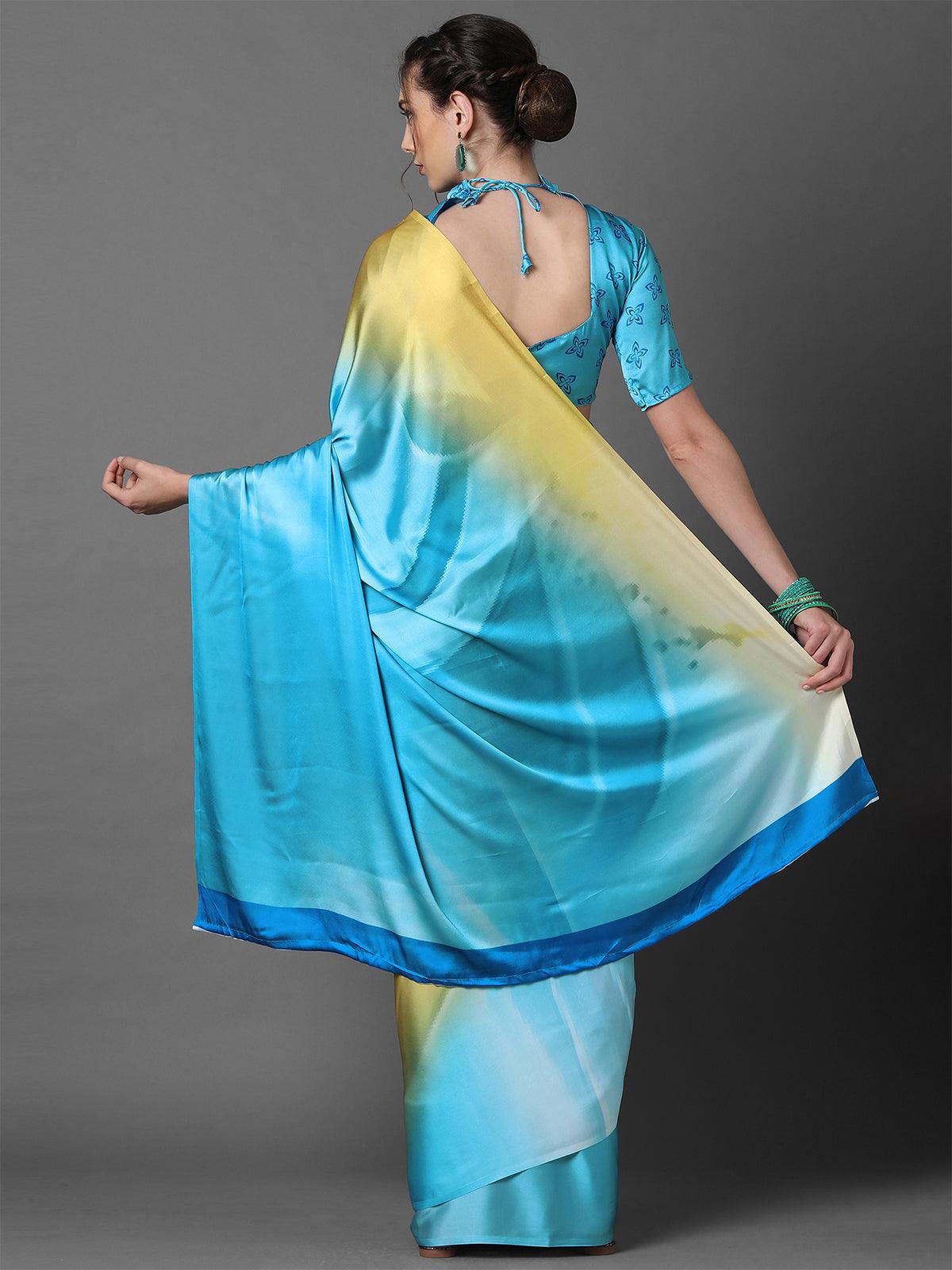 Women's Light Blue & Yellow Casual Crepe Printed Saree With Unstitched Blouse - Odette