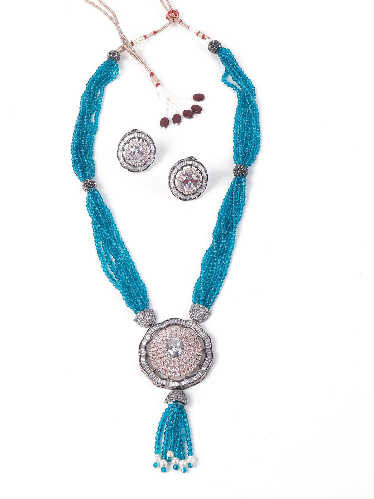 Women's Light Blue Beautiful Beaded Pendant Necklace Set - Odette